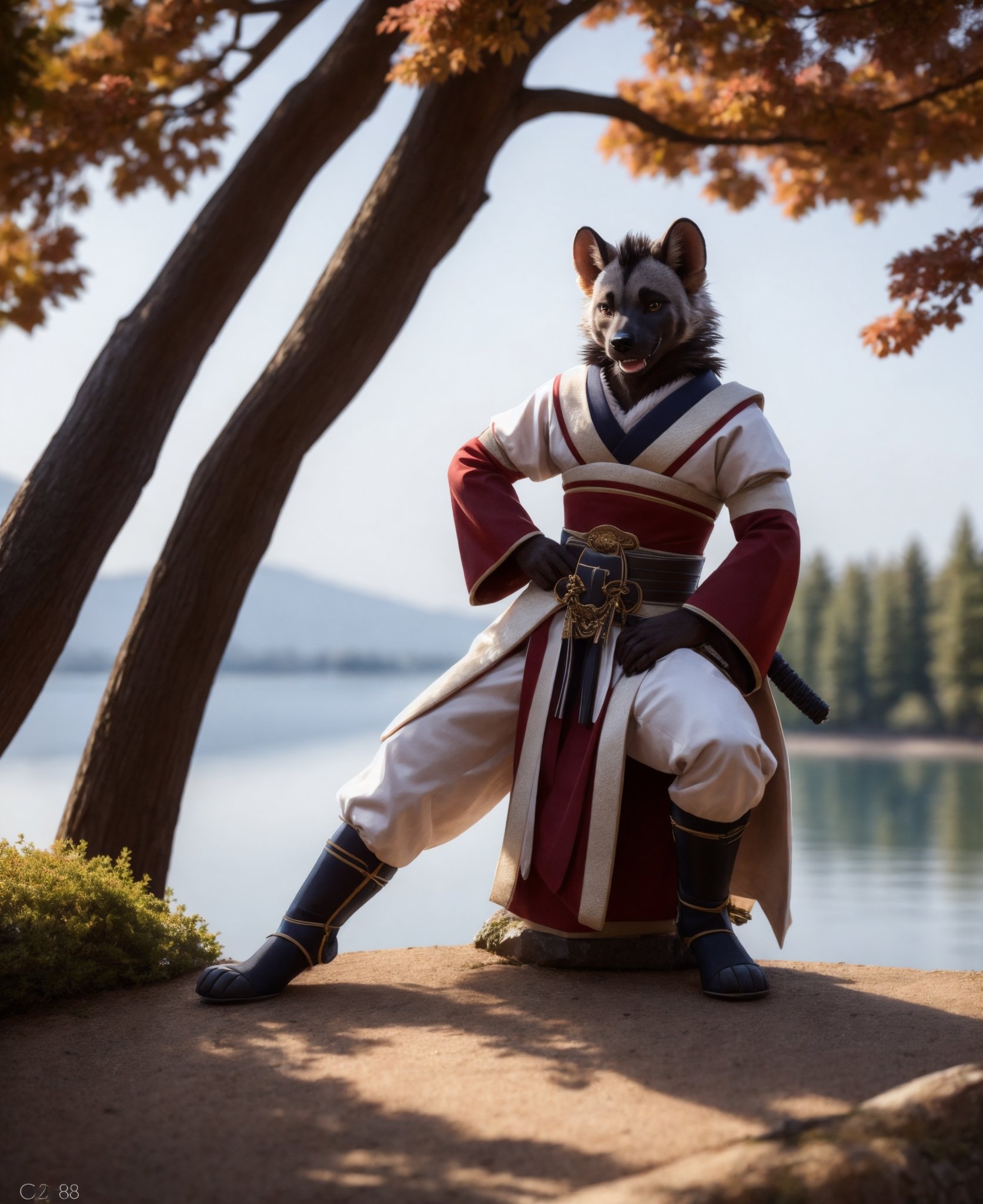 antro samurai hyena female,  wearing samurai armor ,  japanese cherry blossum tree near a lake on Tensor.Art