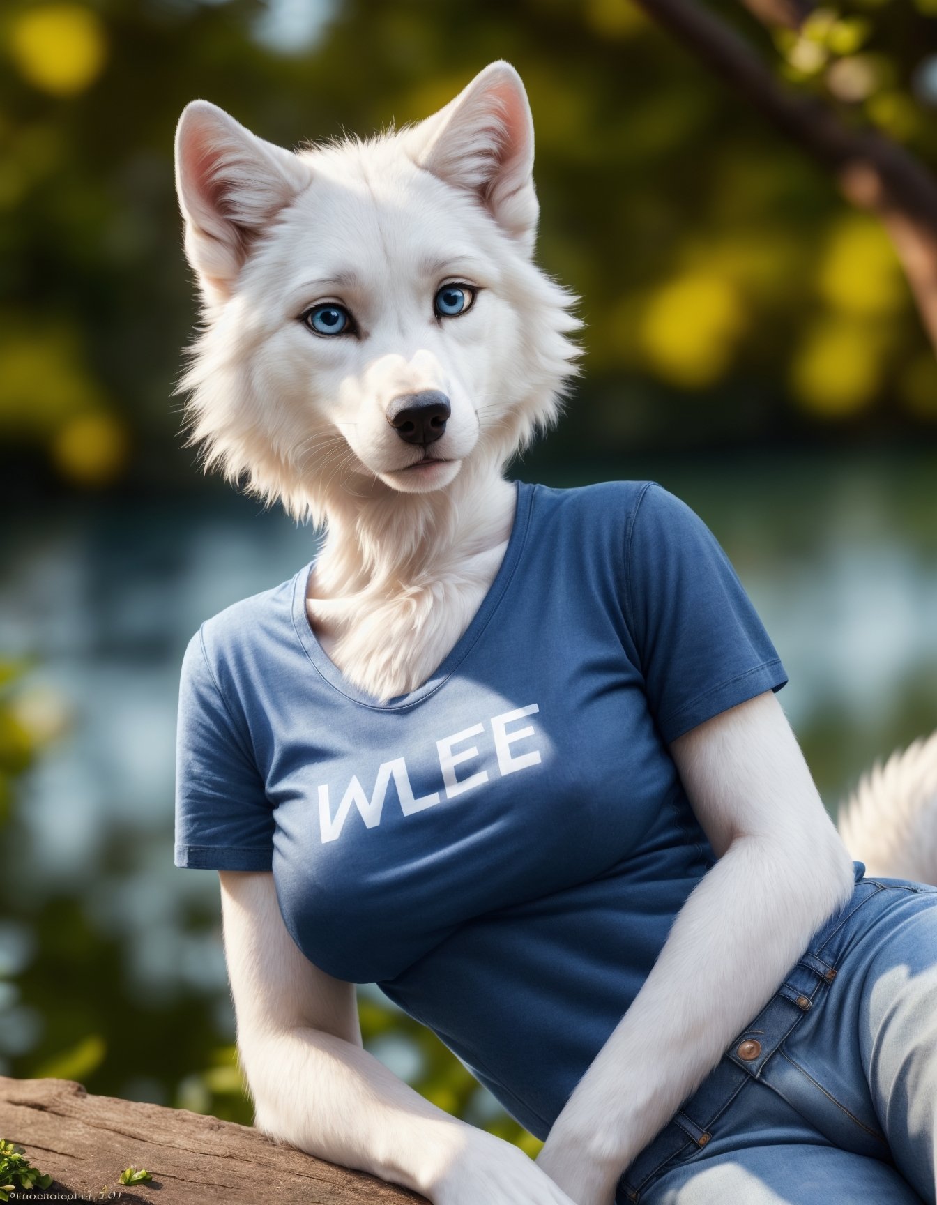 laying near a lake,  medium breast. deep blue eyes,  (((wearing a t-shirt and jeans)) on Tensor.Art