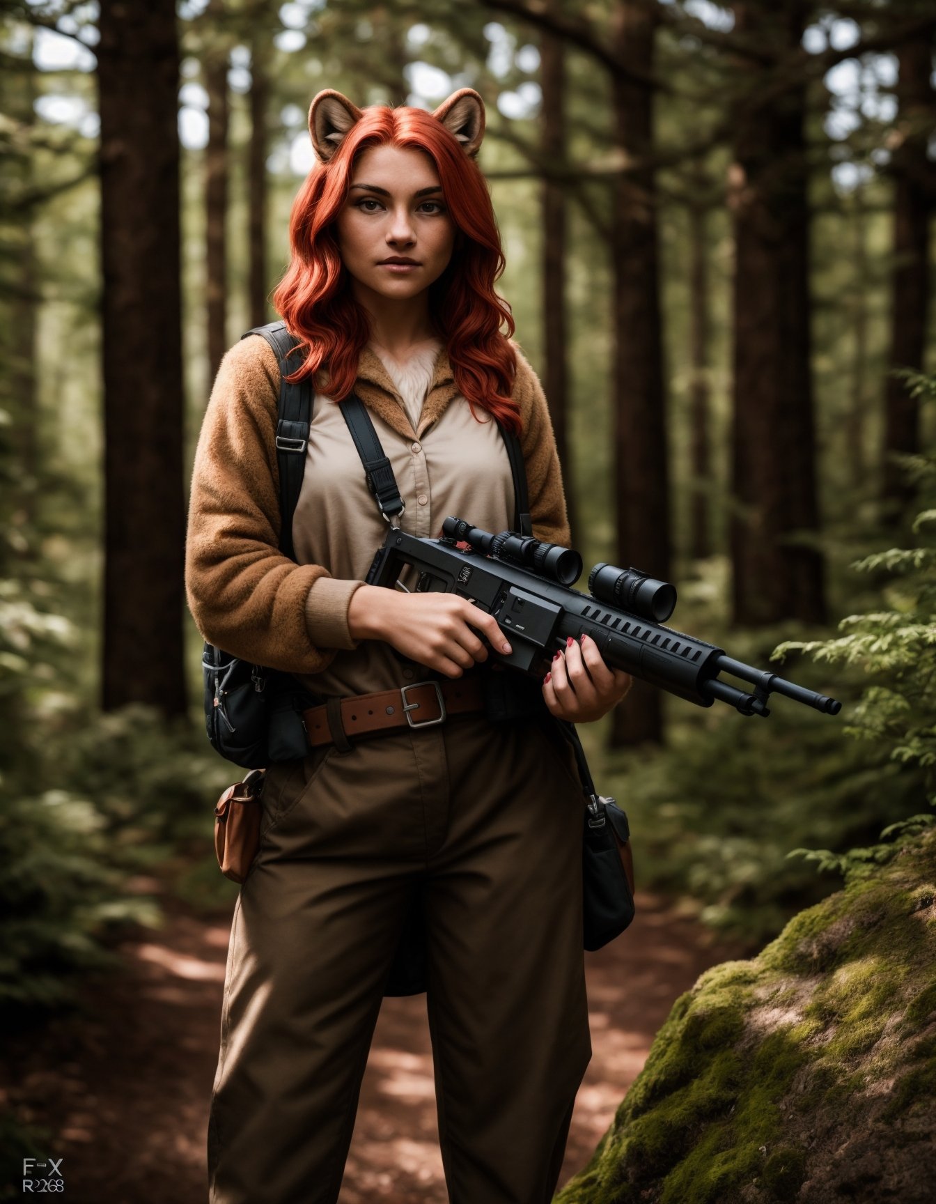 RAW photo,  a portrait photo of red haired woman,  traveler clothes on Tensor.Art