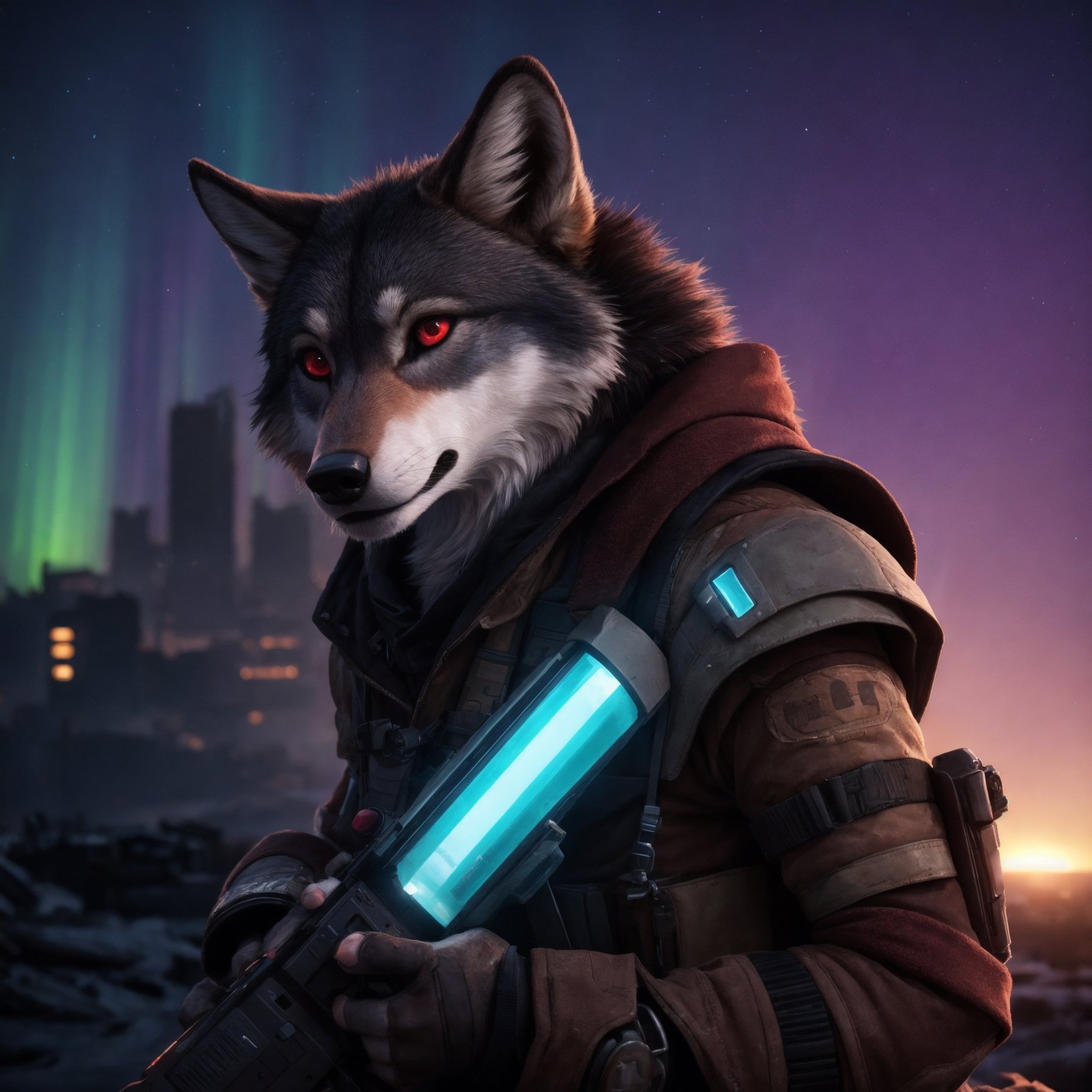 ((anthro female wolf)),  wearing (glowing postapocalyptic outfit),  holding a mystical gun on Tensor.Art