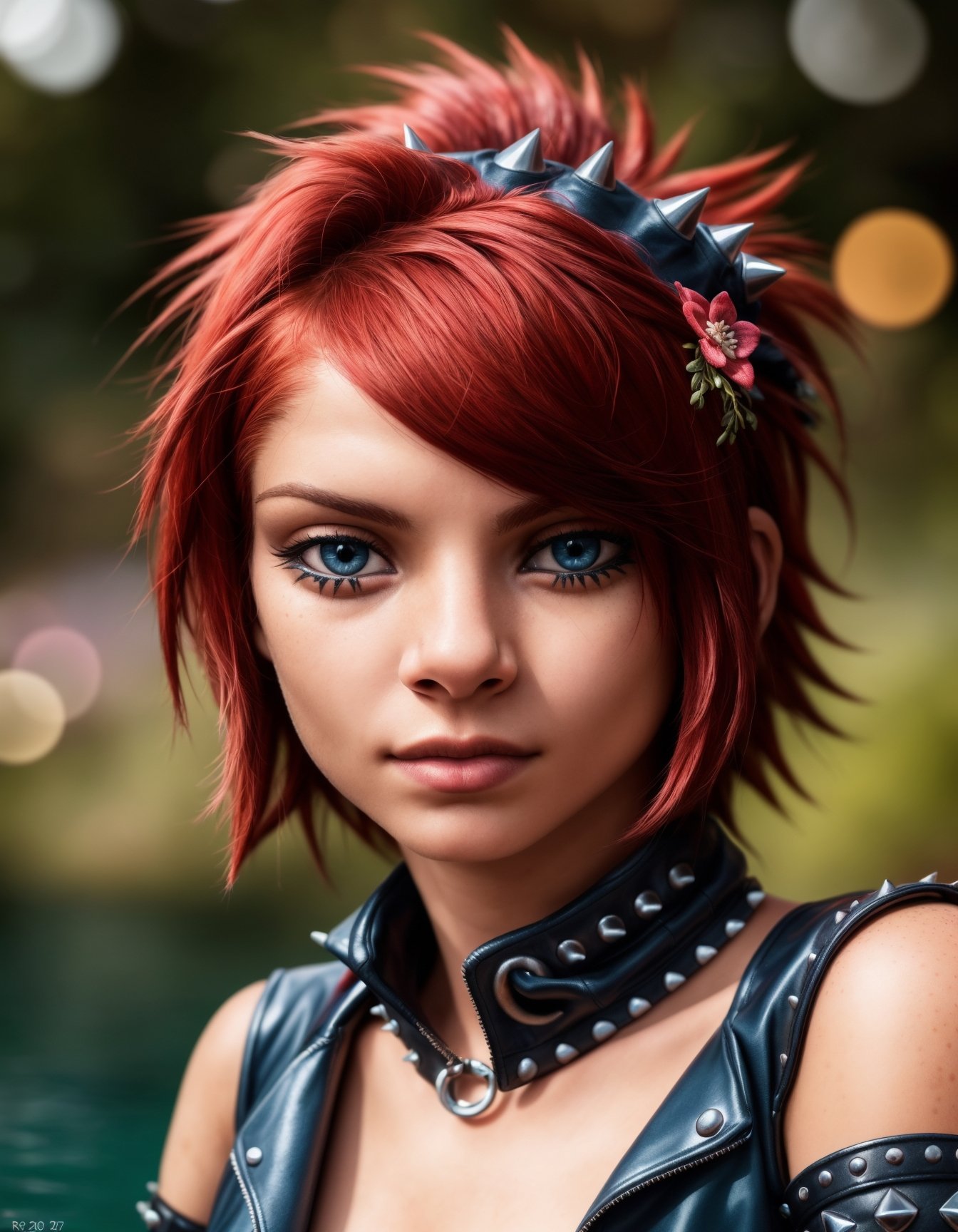 laying near a lake,  medium breast. deep blue eyes,  (((wearing punk outfit)) on Tensor.Art