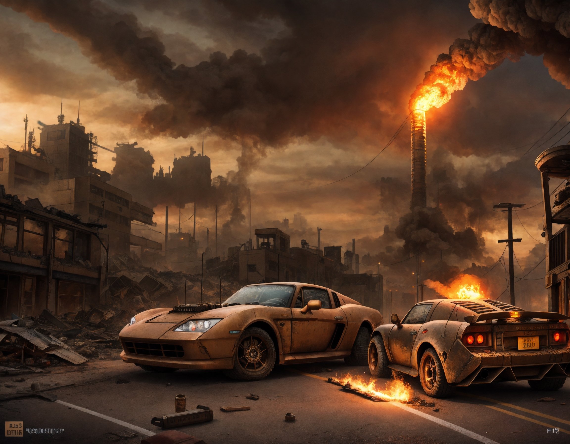 ((detailed dieselpunk sports cars)),  destroyed city after nuclear blast,  post apocalyptic on Tensor.Art