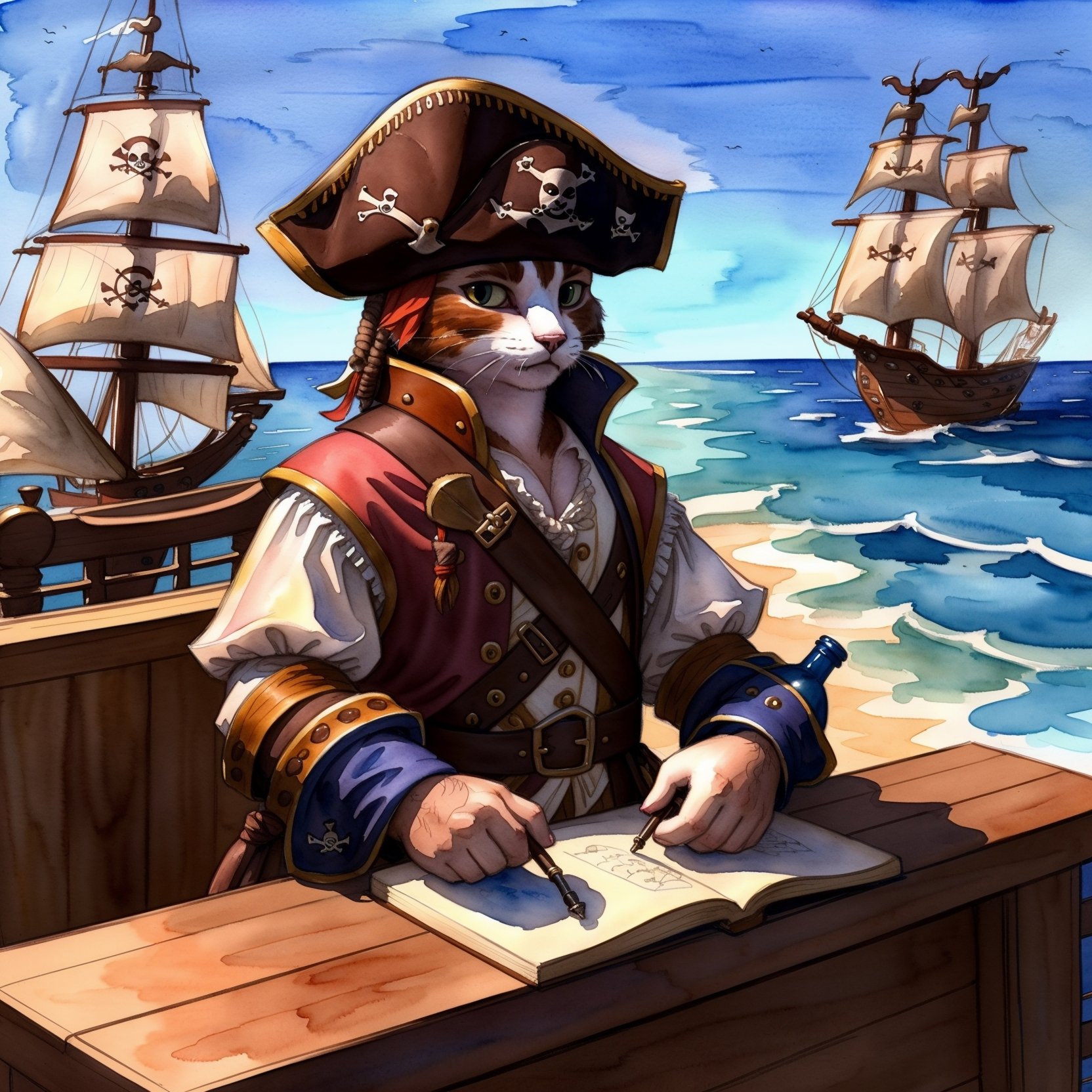 Watercolor painting ((beautiful pirate cat )),  wearing pirate outfit,  drinking a bottle of rum on Tensor.Art