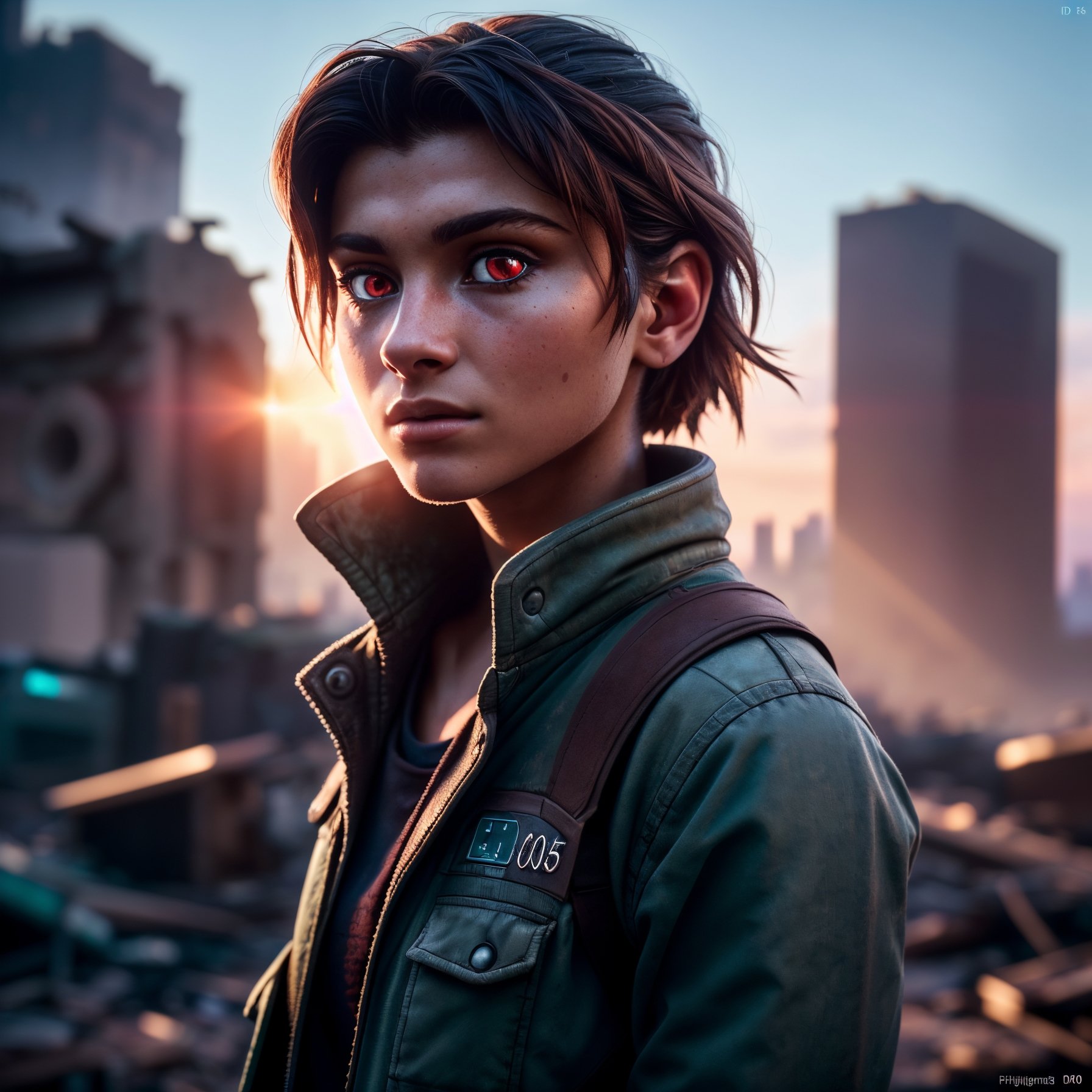 An 18 year old woman postapocalyptic outfit,  siting on a ((((enigma ))) device ,  (epic post apocalyptic destroyes city o...