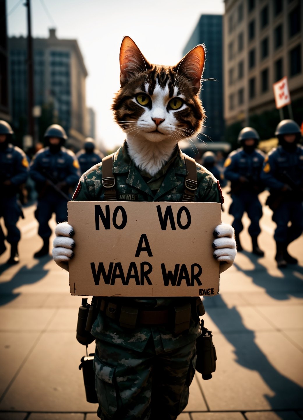 cinematic film still a activist cat rally,  protesting against war,  making a peace sign on Tensor.Art