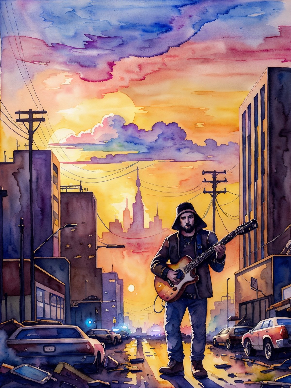 Watercolor painting A black metal guy plays his guitar on the last day on earth ,  post-apocalyptic destroyed city backgro...