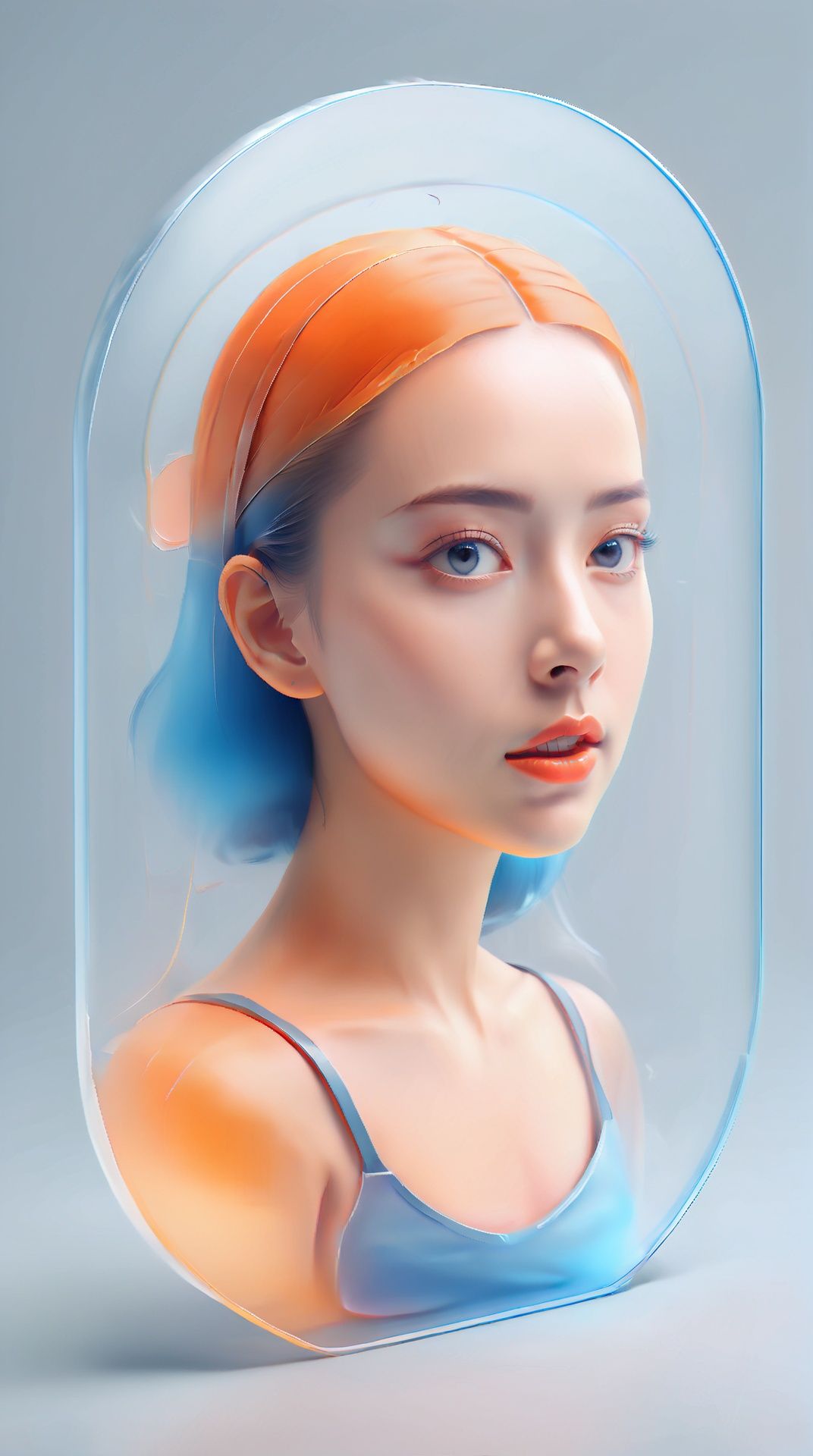 masterpiece,best quality,Frosted glass effect,3dIcon,1girl icon,look at viewer,surreal fantasy atmosphere,highly detailed,grey background,gradient,gradient background,