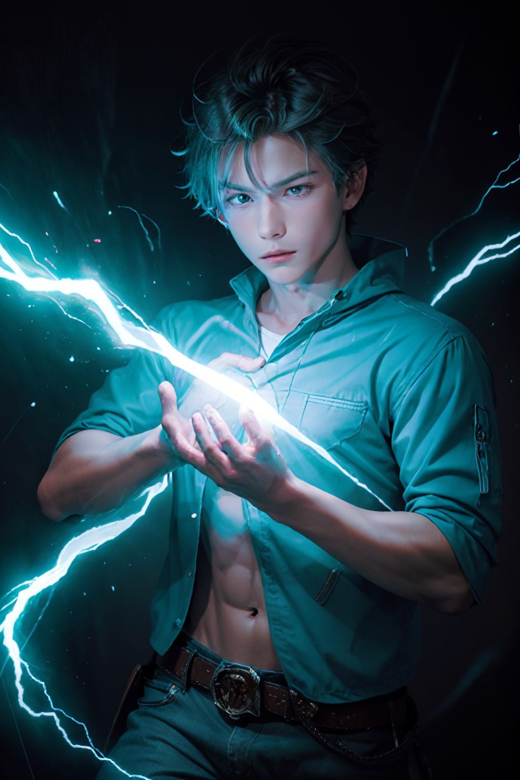 1boy,  cowboy shot,  cyan electricity by milk on Tensor.Art