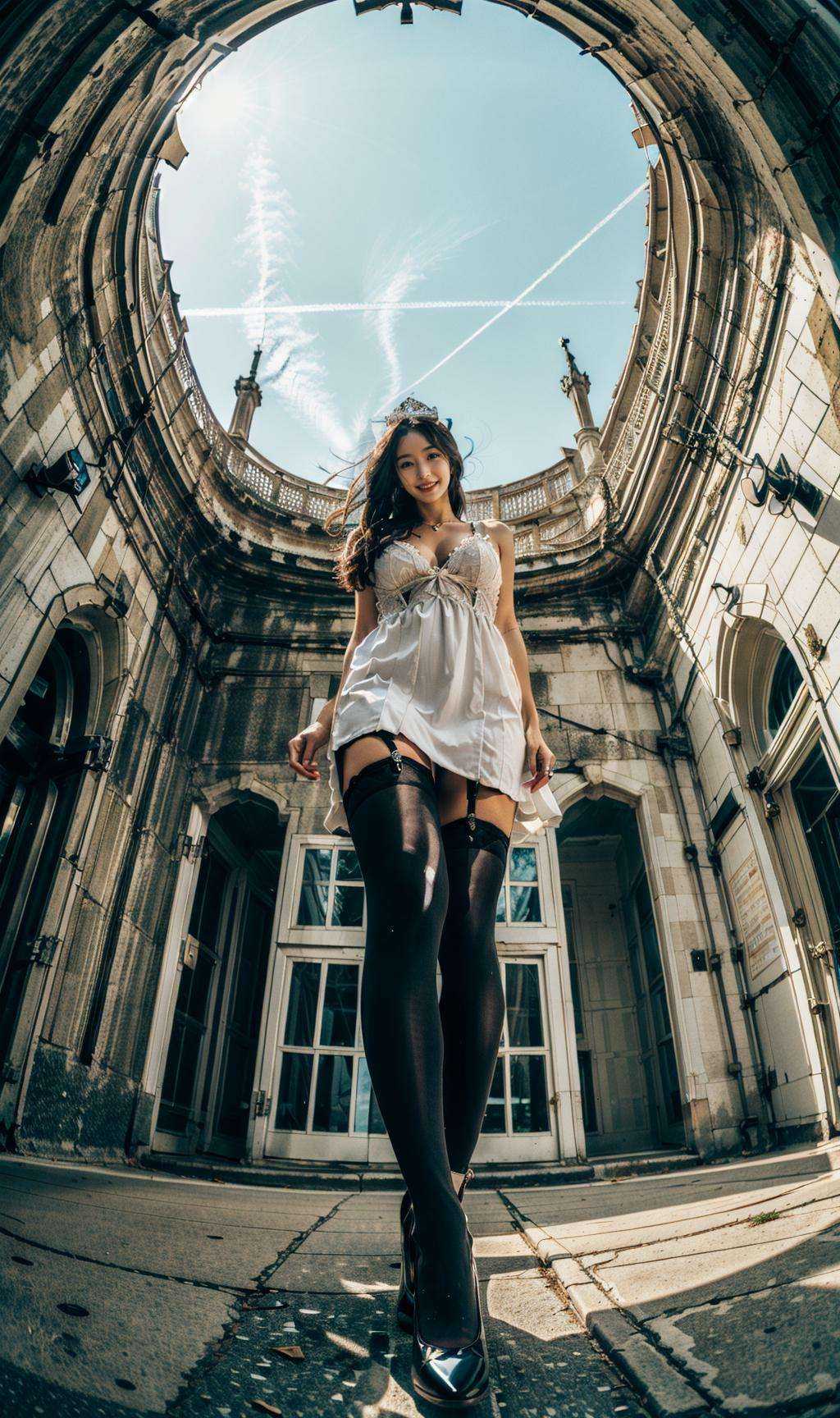 <lora:extremeangle-000002:1>,extremeangle,1 girl,moyou,(looking at viewer:1.3) ,castle ,princess dress , heels <lora:调细节添加-2~2 add_detail:0.2> , 