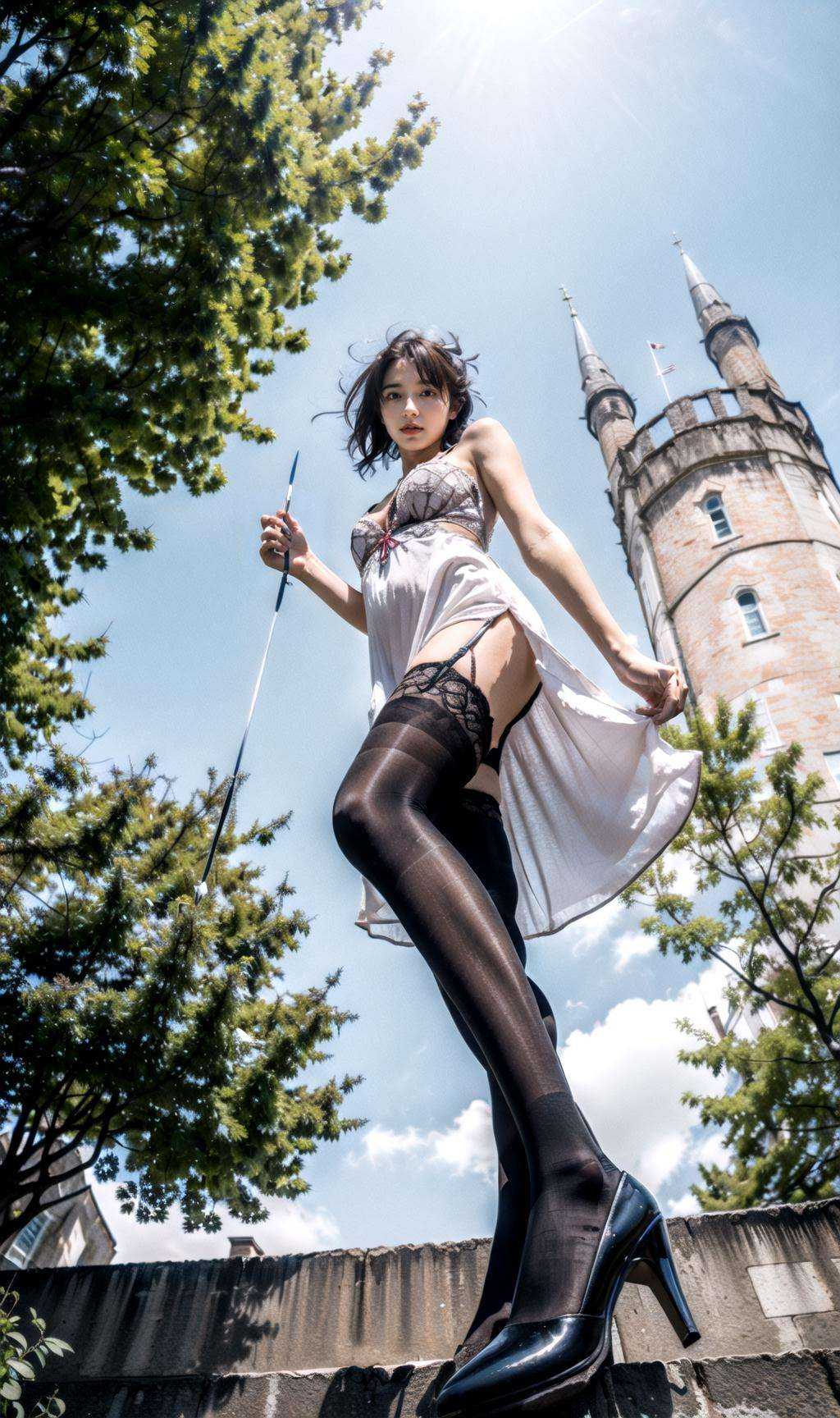 <lora:extremeangle-000002:0.6>,extremeangle,1 girl,moyou,(looking at viewer:1.3) ,castle ,princess dress , heels,lora:Black_8D_glossy_stockings,(from below:1.2),  <lora:Black_8D_glossy_stockings:0.8>, <lora:add_detail_v5:1> <lyco:GoodHands-beta2:1> <lyco:neg_bdsqlsz_V2:1>
