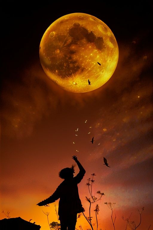 <lora:jianying:1>,ianying, silhouette, bird, moon, solo, 1girl, tree, sky, full moon