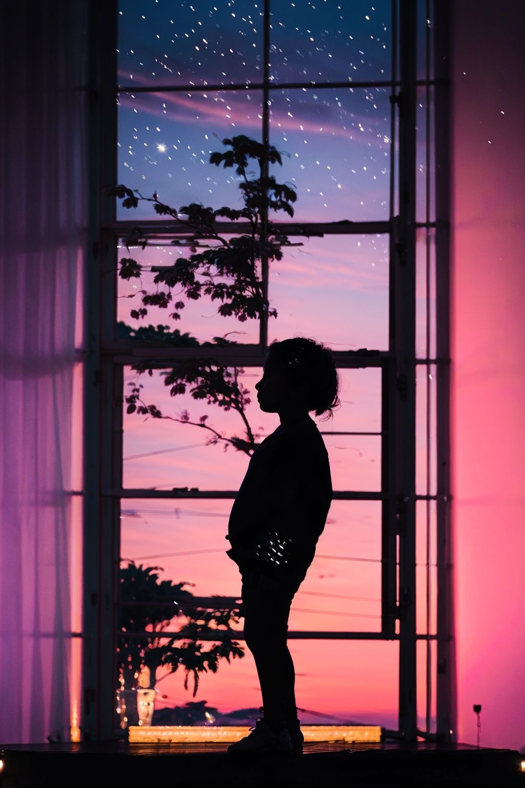 <lora:jianying:1>,jianying,silhouette,,child,little girl ,full body ,from side ,standing ,star \(sky\) meteor ,window ,tree ,