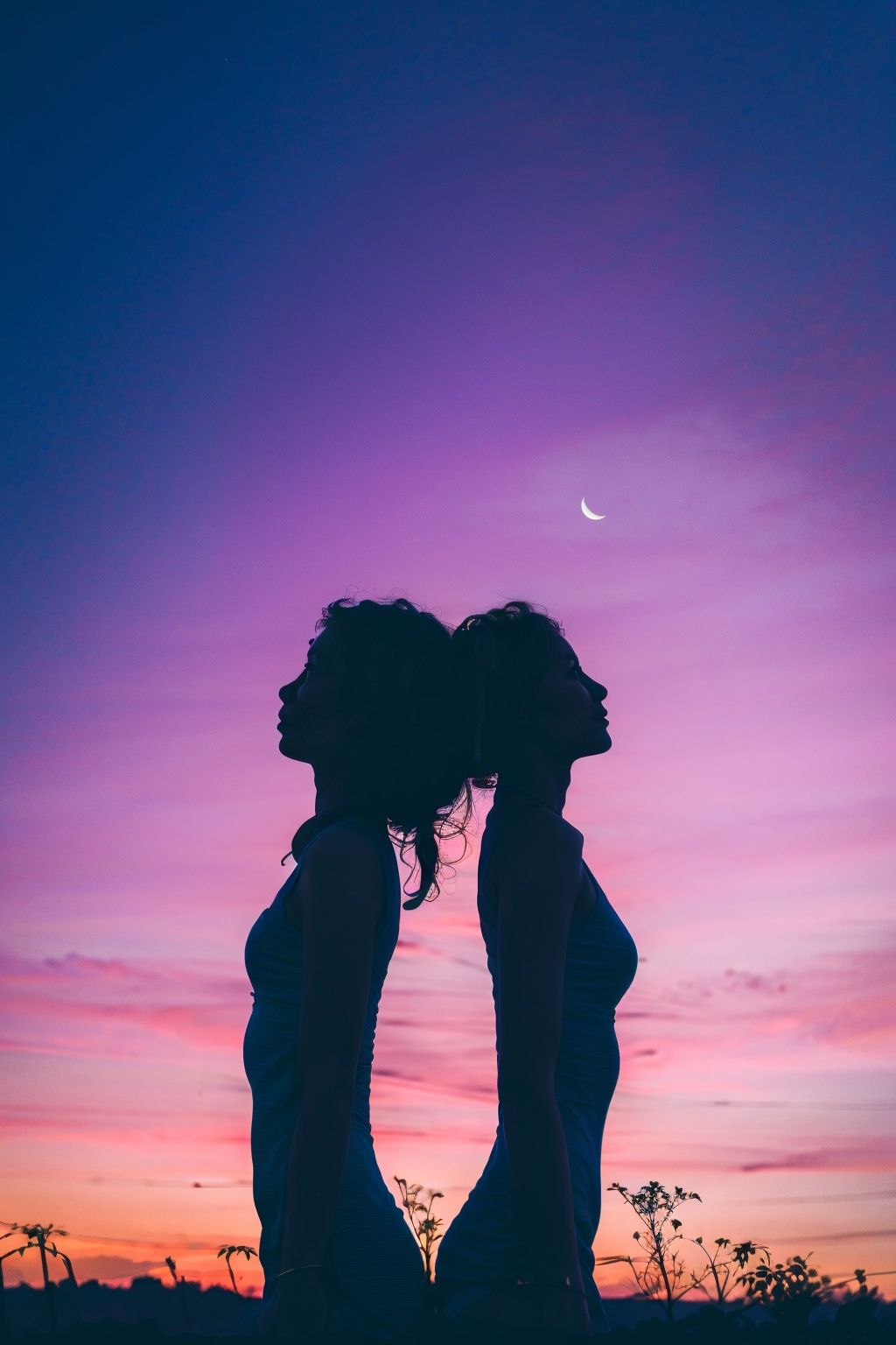 <lora:jianying:1>,jianying,silhouette,,couple ,upper body ,from side ,sitting ,crescent moon ,,tree ,