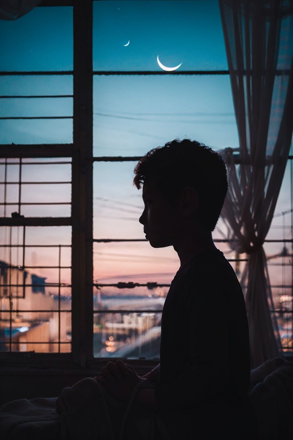 <lora:jianying:1>,jianying,silhouette,,child,little boy ,headshot ,from side ,sitting ,crescent moon ,window ,tree ,
