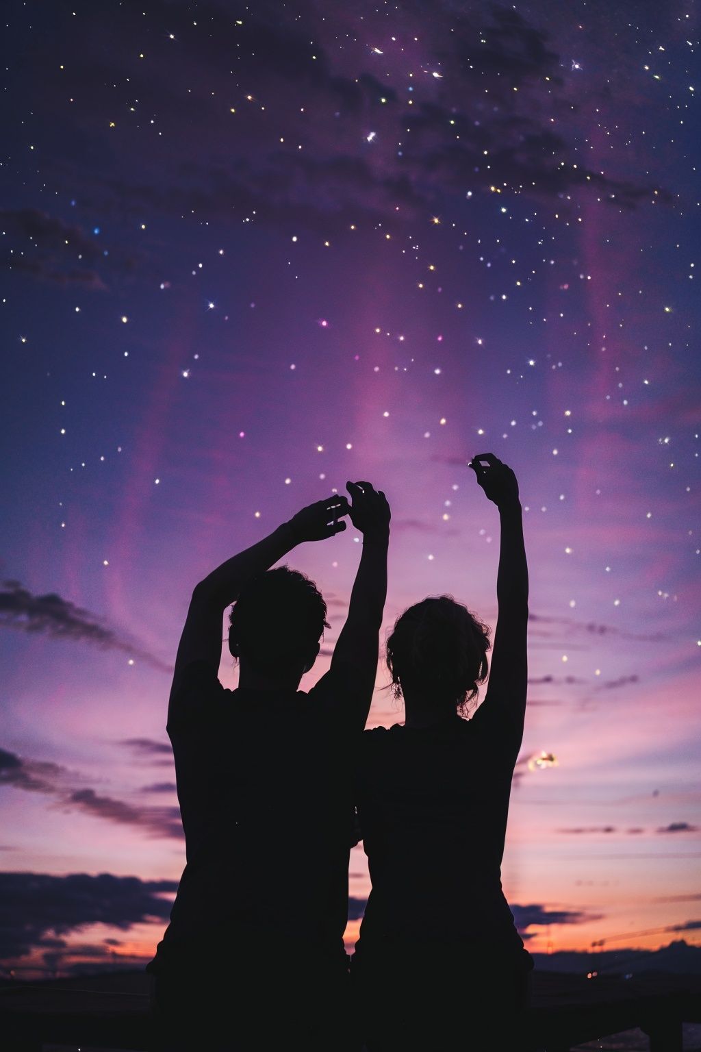 <lora:jianying:1>,jianying,silhouette,,couple ,full body ,from behind,arms up,sitting ,starry sky ,aurora ,,,