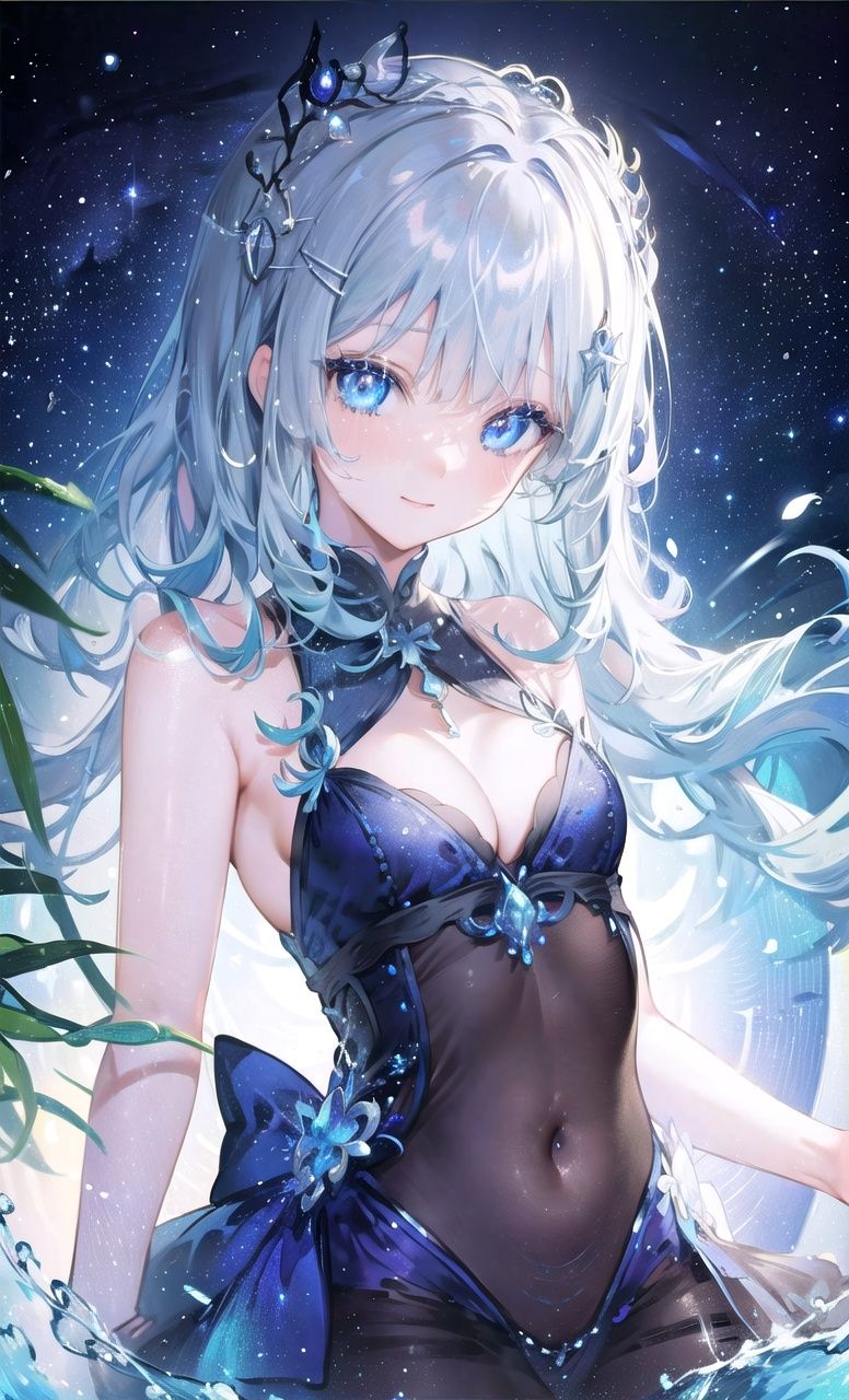 画面效果:,best quality,highly,detailed,masterpiece,ultra-detailed,illustration,fisheye,人物动作状态:, looking at viewer,facing viewer, (1girl,solo),skinny,cowboy shot, upper body,人物脸部:,(deep blue Delicate eyes),light smile,身体:,small breasts,cleavage,服装:,,发型:,grey hair,expressive hair,bangs,side left bangs,diagonal bangs,hair over left eyebrow,hair behind ear,hair ornament,场景与其他:,beach,depth of field, eye focus, close-up, iridescent eyes, star eyes, starry sky, (magic circle), shimmer hair, glowing hair, (iridescent black hair) , <lora:eyeLora_eyesV10:0.65>,blue eyes,blue pupils,