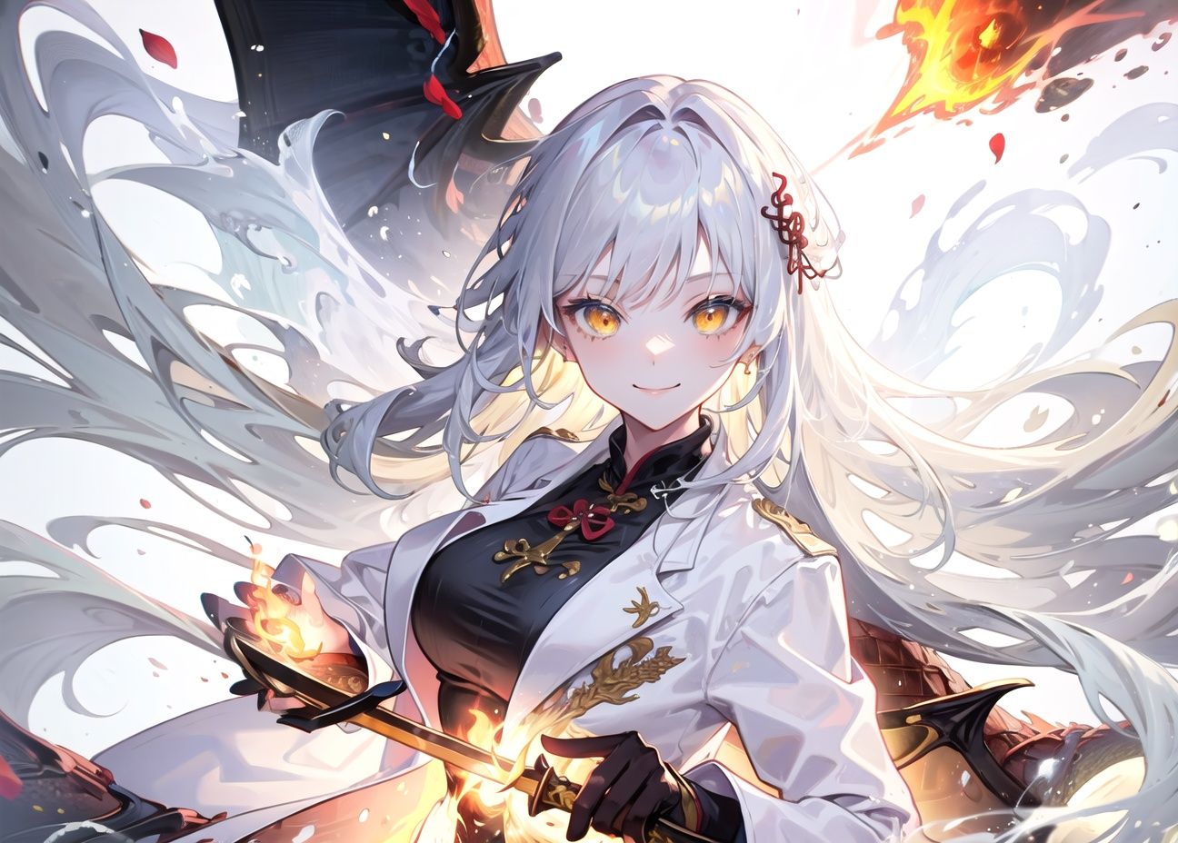 1girl, fire, (((dragon))), smile, flower, coat, weapon, sword, outdoors, beach, holding, flame, solo, bangs, yellow eyes, long hair, hair flower, hair ornament, white hair, looking at viewer, open clothes, long sleeves, white coat, open coat  <lora:beautifulDetailedEyes_v10:0.4> <lora:chilloutmixlong_v10:0.4> <lora:epiNoiseoffset_v2:0.4>  