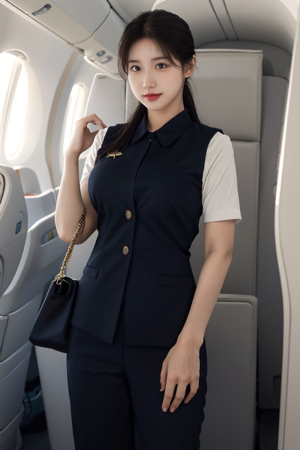 1girl, 
,white_background,medium_breasts ,Flight Attendant Uniform