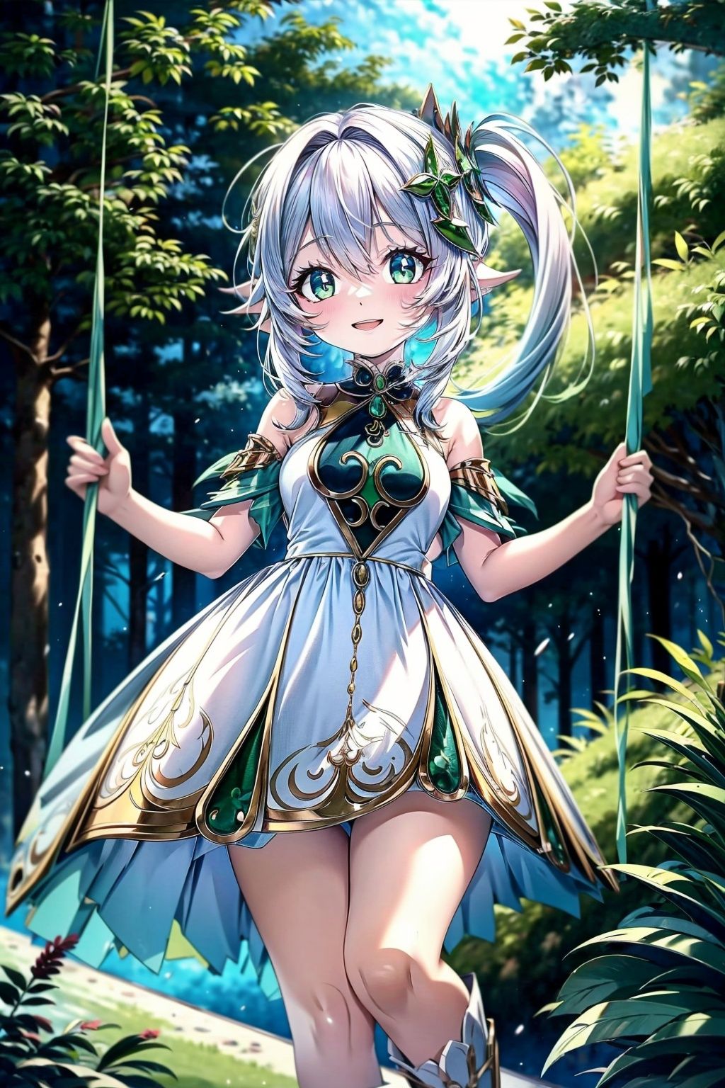 Best quality, 8k, cg, The grass,swing,cross-stitch tree,smile,