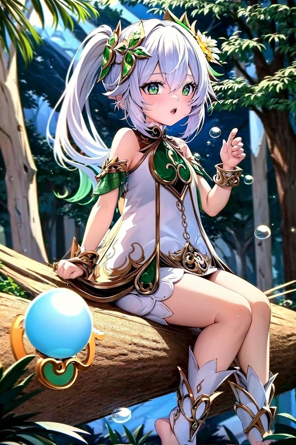 Best quality, 8k, cg,flower,emote,Sit on a tree,wreath,Blow bubbles,gesture,