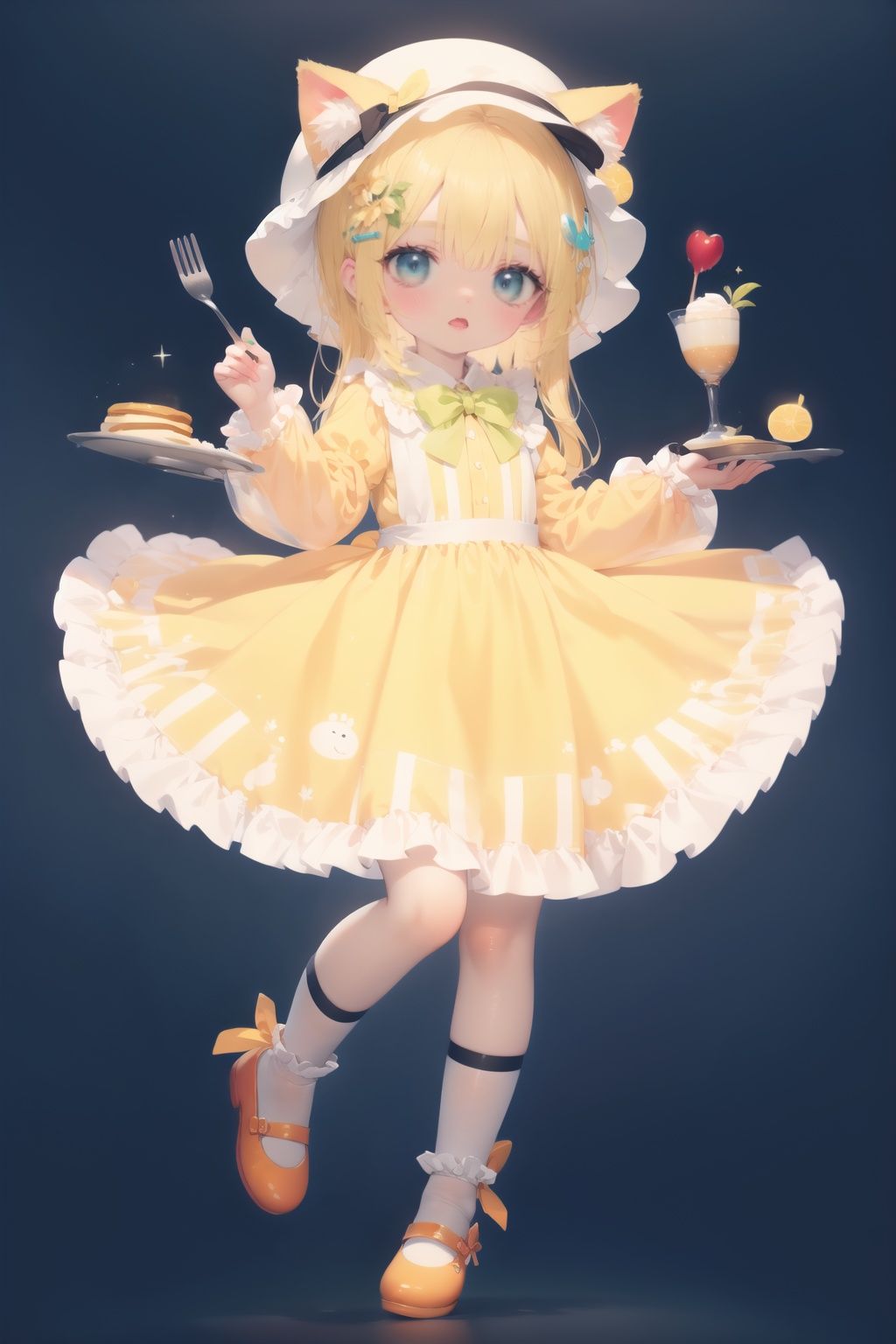 (cinematic lighting),  dreamy atmosphere,  Ray tracing,  (((solo))),  (loli:1.5),  (child:1.5),  (petite:1.5),  green eyes,  (animal ears),  dress,  solo,  food,  blonde hair,  open mouth,  long hair,  pancake,  flower,  holding,  bow,  smile,  fork,  bird,  socks,  looking at viewer,  shoes,  striped background,  holding fork,  bonnet,  striped,  frills,  long sleeves,  :d,  yellow dress,  bangs,  eyebrows visible through hair,  blush,  green nails,  hair bow,  nail polish,  diagonal stripes,  chick,  sparkle,  frilled dress,  orange bow,  fruit,  full body,  :3,  hair between eyes,  green bow,  puffy sleeves,  heart,  lemon,  orange footwear,  animal ear fluff,  white bow,  cat ears,  bobby socks,  orange headwear,  see-through sleeves,  blue background,  striped bow,  hair ornament,  white legwear,  mary janes