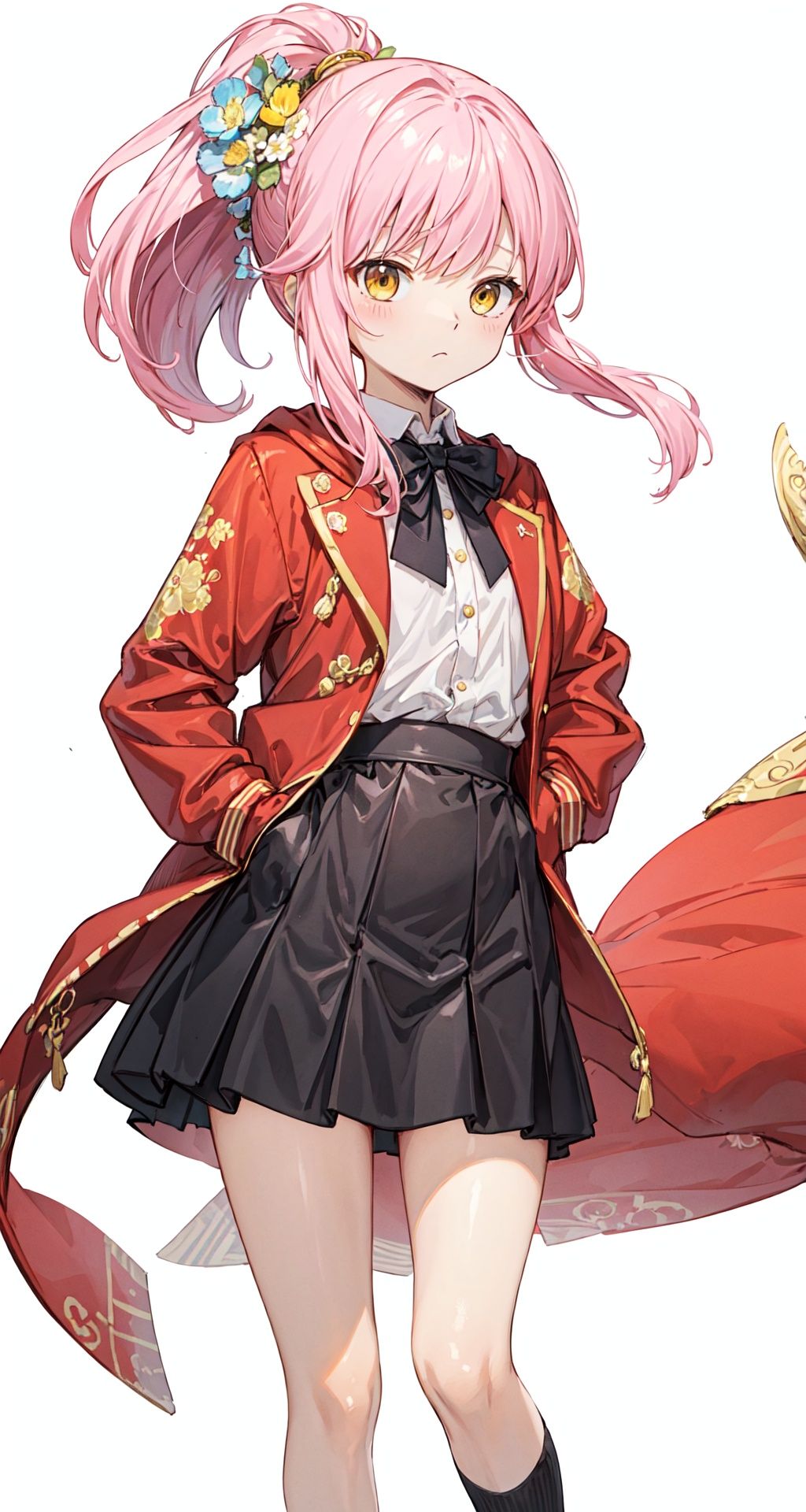 (best quality), ((masterpiece)), (highres),standing,original, extremely detailed wallpaper, (an extremely delicate and beautiful),(loli),(petite),Pink hair,Yellow eyes, (red Jacket),high ponytail,white collared shirt,hair flower,fipped hair,floating hair,Frown,hands in pockets,black dress,red bowtie,(solo),cozy anime,houtufeng