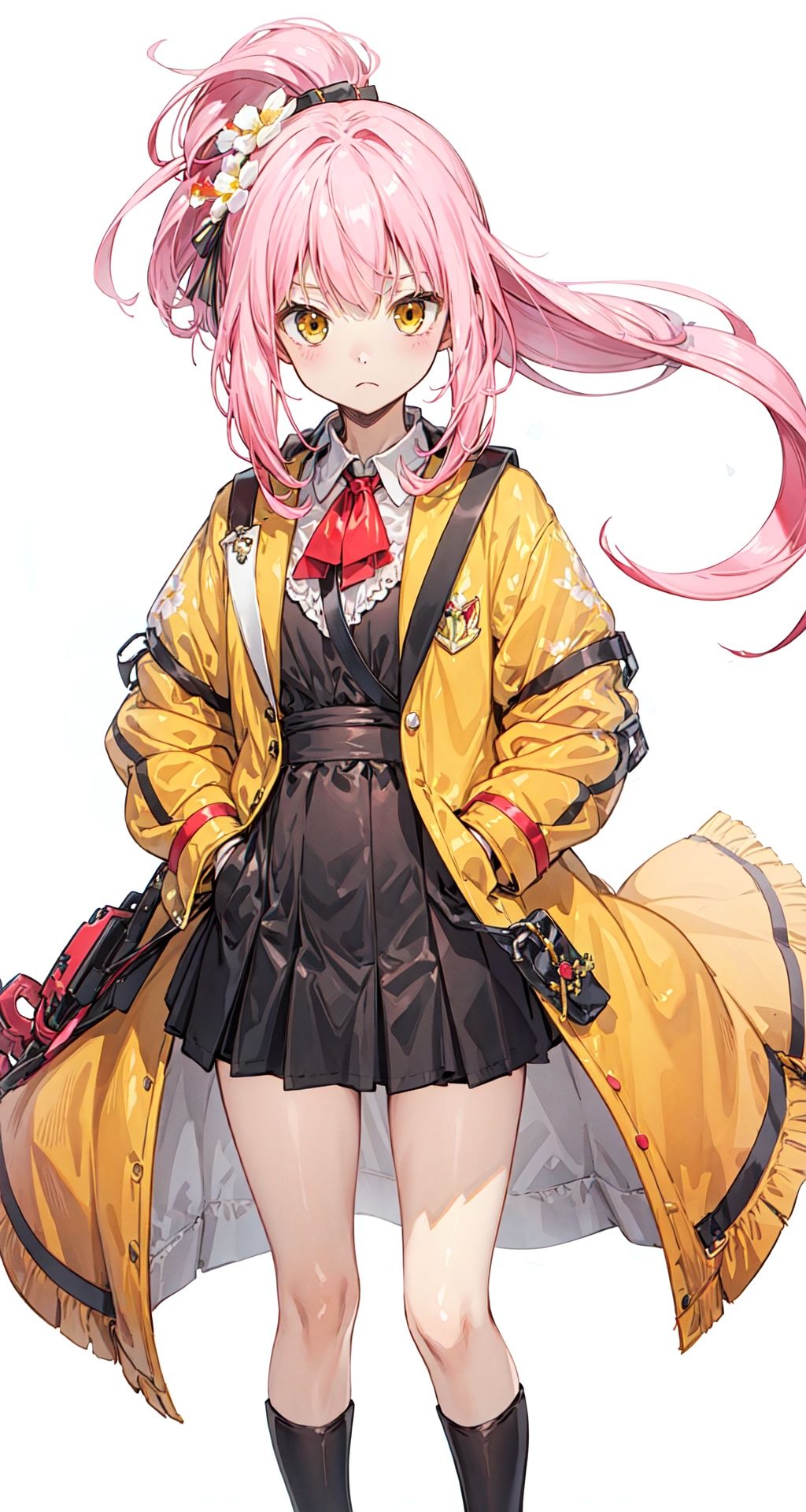 (best quality), ((masterpiece)), (highres),standing,original, extremely detailed wallpaper, (an extremely delicate and beautiful),(loli),(petite),Pink hair,Yellow eyes, (red Jacket),high ponytail,white collared shirt,hair flower,fipped hair,floating hair,Frown,hands in pockets,black dress,red bowtie,(solo),cozy anime,houtufeng