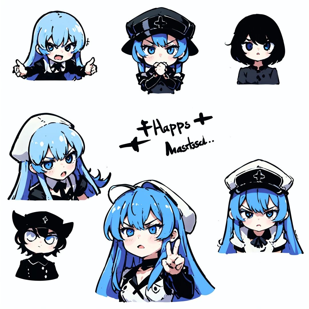 expression sheet,1girl,portrait,cute,multiple poses and expressions,angry,happy,simple background,white_background, masterpiece,high quality,esdeath,long hair, hat,