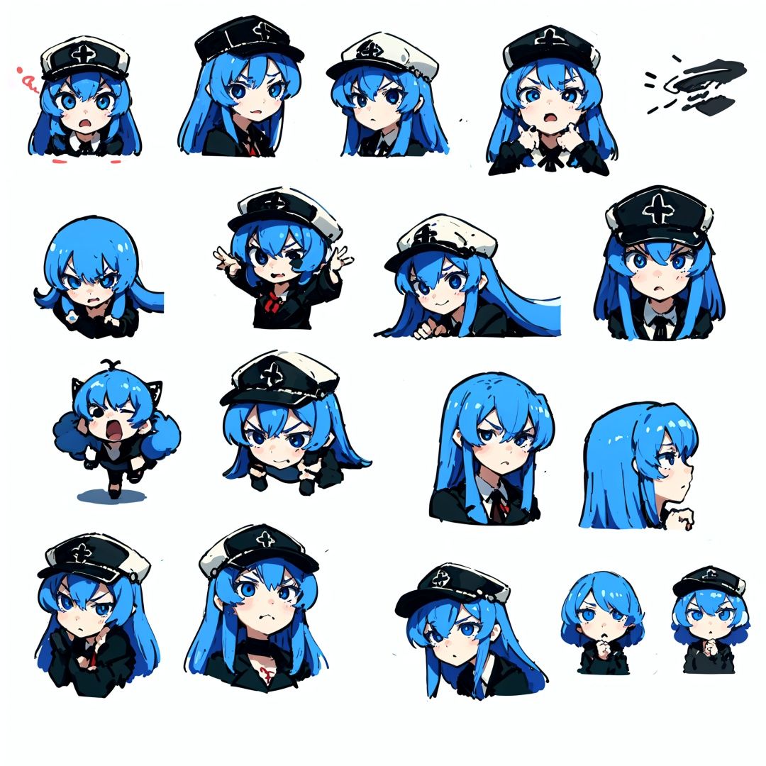 expression sheet,1girl,portrait,cute,multiple poses and expressions,angry,happy,simple background,white_background, masterpiece,high quality,esdeath,long hair, hat,