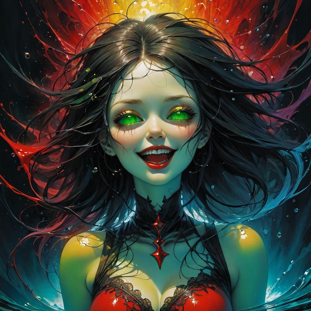a Girl, laughing, Colorful colors, surrounded by water bubbles, in the style of Kawacy, Masterpiece, Oil painting drawn in anime style, head close - up, exaggerated perspective, Tyndall effect, water drops, mother - of - pearl iridescence, Holographic white, chess queen outfit, anime girl, girl with a pretty face, white gold hair, green eyes, goth girl, ((sexy school uniform)), wearing a stylish very sexy school uniform, with a funny expression on her face, Hellwalker, incombing death, black bloody veins growing and intertwining out of the darkness, oozing thick yellow blood, veins growing and pumping blood, (chubby female body:0.8), vascular networks growing, connecting, explanding, red veins everywhere, zdzislaw beksinski, (sharp colors:1.3), (rainbow skin:1.1), (Infrared:1.2), ultra detailed, intricate, ((dry brush, ultra sharp)), (surrealism:1.4), (disturbing:1.5), beksinski style painting, satanic symbols, (full torso), full body in frame, centered body, kawaii, realistic, ((intricate details)), (pale gothic evil queen), ibrant, action-packed, detailed character design, reminiscent of fighting video games, black bloody veins growing and intertwining out of the darkness, oozing thick neon rainbow blood, veins growing and pumping blood, vascular networks growing, connecting, explanding, red veins everywhere, zdzislaw beksinski, (vibrant colors:1.1), dynamic pose, perfect face, (realistic eyes), perfect eyes, ((dark gothic background)), sharp focus