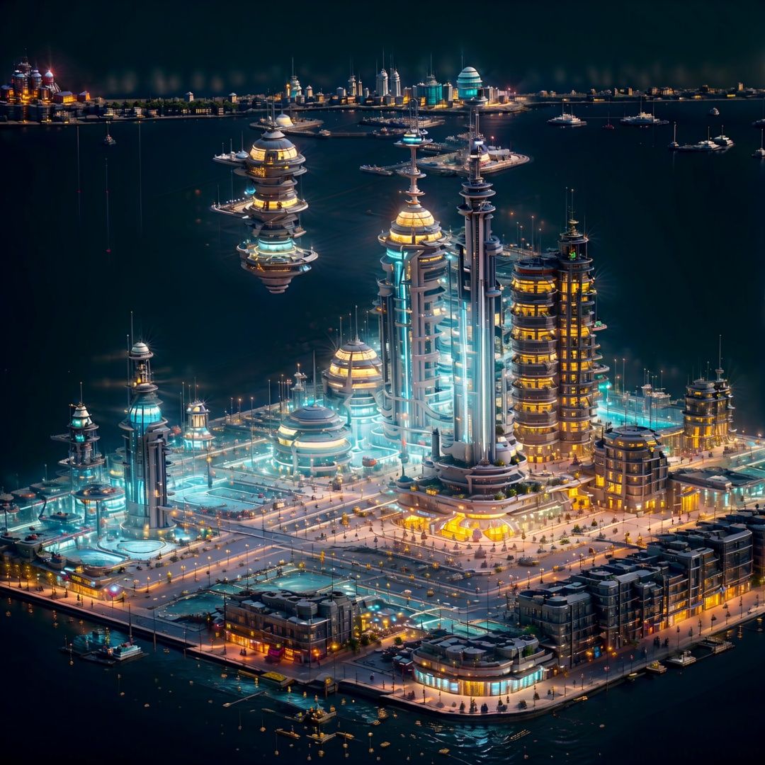 no humans, science fiction, scenery, night, building, city, sky, lights, spacecraft, star \(sky\), cityscape, outdoors