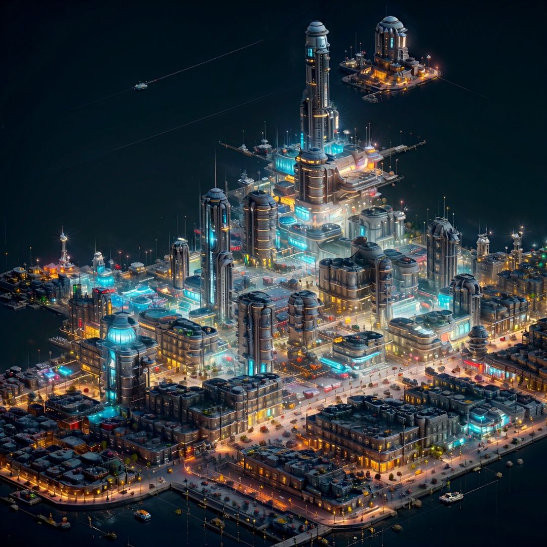 no humans, science fiction, scenery, night, building, city, sky, lights, spacecraft, star \(sky\), cityscape, outdoors