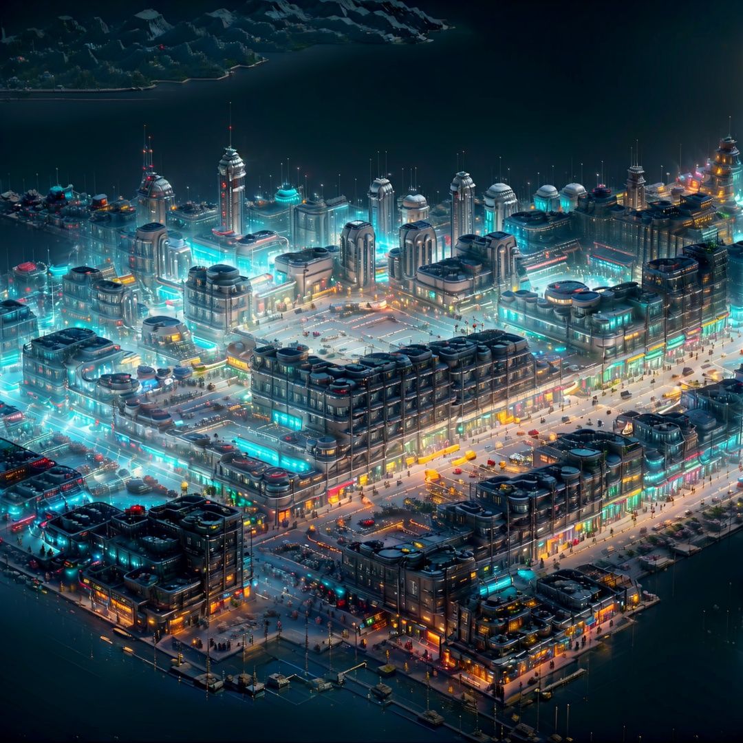 no humans, science fiction, scenery, night, building, city, sky, lights, spacecraft, star \(sky\), cityscape, outdoors