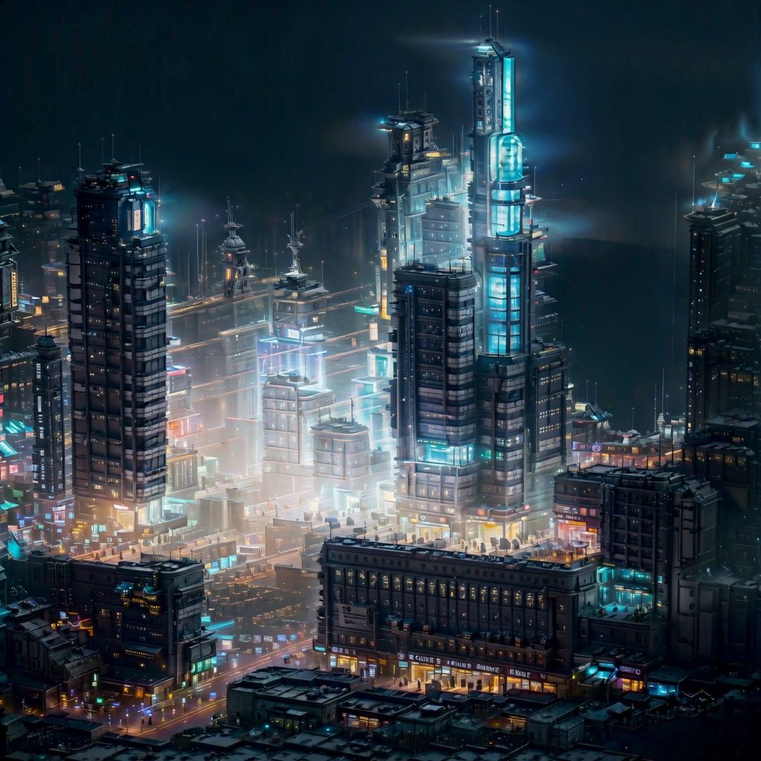 no humans, science fiction, scenery, night, building, city, sky, lights, spacecraft, star \(sky\), cityscape, outdoors,Cyberpunk Concept,(jz)