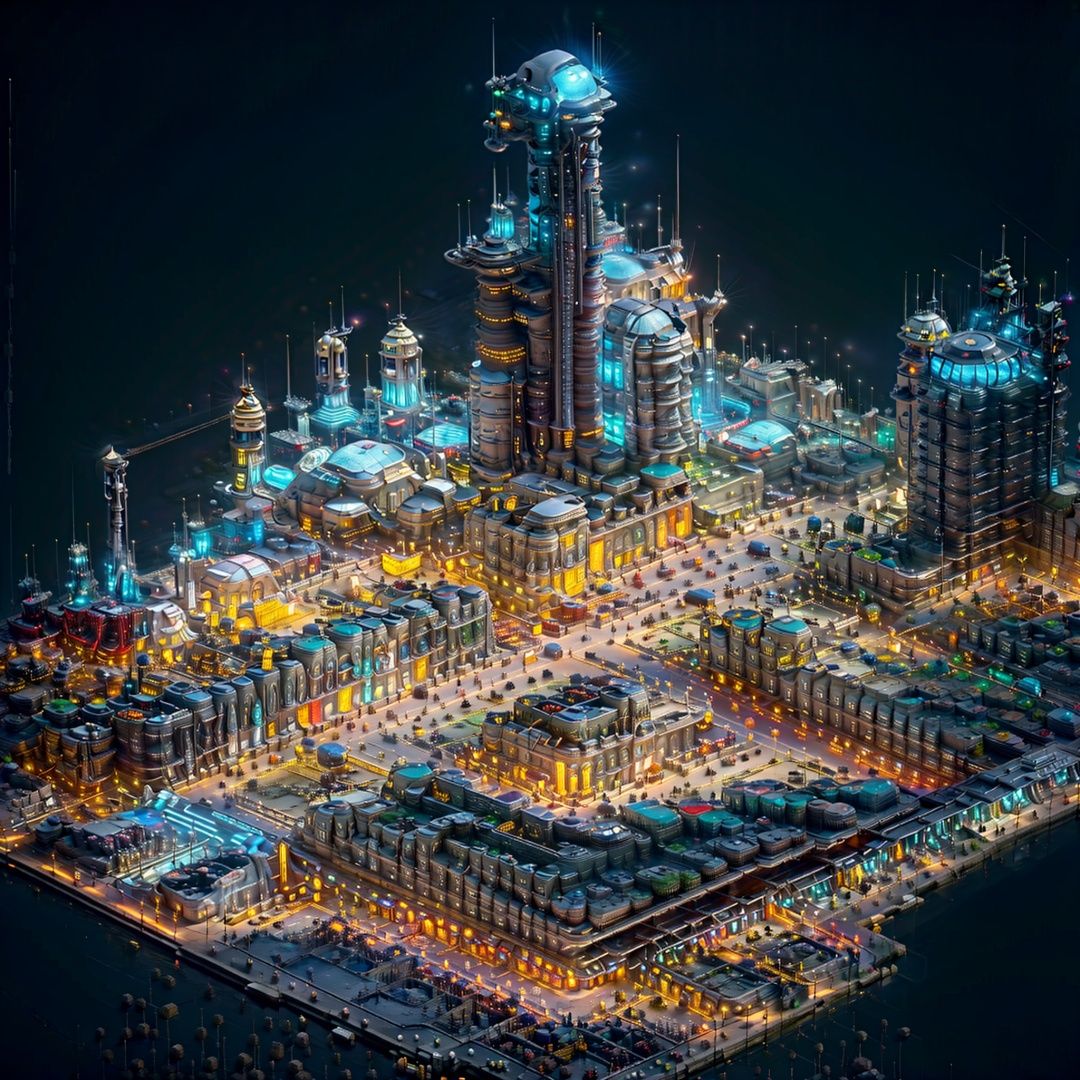 no humans, science fiction, scenery, night, building, city, sky, lights, spacecraft, star \(sky\), cityscape, outdoors