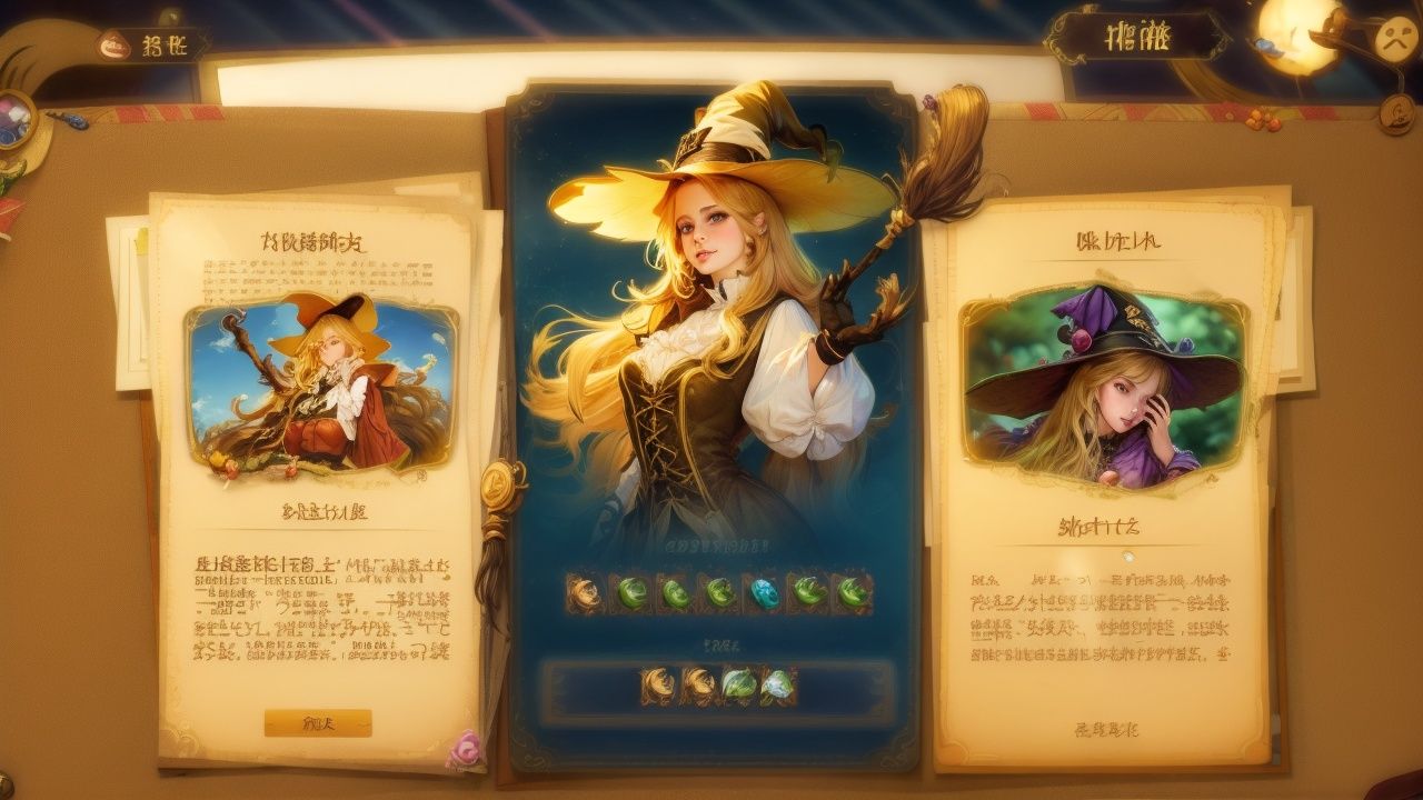 game interface, 1girl, blonde hair, witch hat, hat, solo, buttons, text, title<lora:gameui8:0.6> 