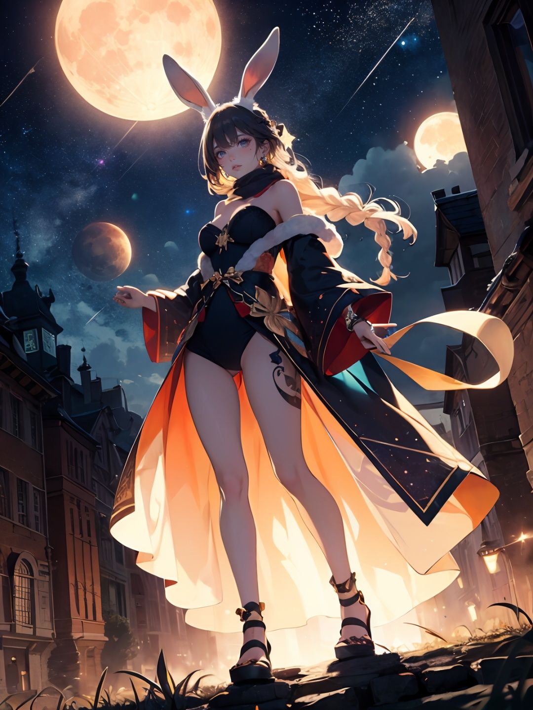 masterpiece,(ultra detailed:1.3),best quality,Mid-Autumn Festival, moon background，1girl，(full body:1.7), (Slim body:1.1)，(long legs:1.3)，solo focus，1girl，solo，jewelry，very long hair，hair ornament，earrings，black hair，facial mark，wind，mole under eye，bracelet，beads，scarf ，tattoo，braid，braids，floating hair，black eyes，，colorful,cinematic lighting,(sparkle:1.2),(photorealistic:1.4),(cinematic_angle:1.3),unity 8k wallpaper,(the huge moon behind the body:1.3),(starry sky:1.3),lotus pedestal,(lens flare:1.1),(white fluffy giant rabbit:1.3),(starish:1.3),(starrynebula:1.2),looking at viewer,the corridor of the palace,(off shoulder:1.2),(festiveMidAutumnsetting:1.2),looking at viewer,(ultra detailed:1.3),(sophisticatedarchitecture),(illumination effect with a dreamy feeling:1.2),(texturedfabrics),(detached sleeves:1.1),