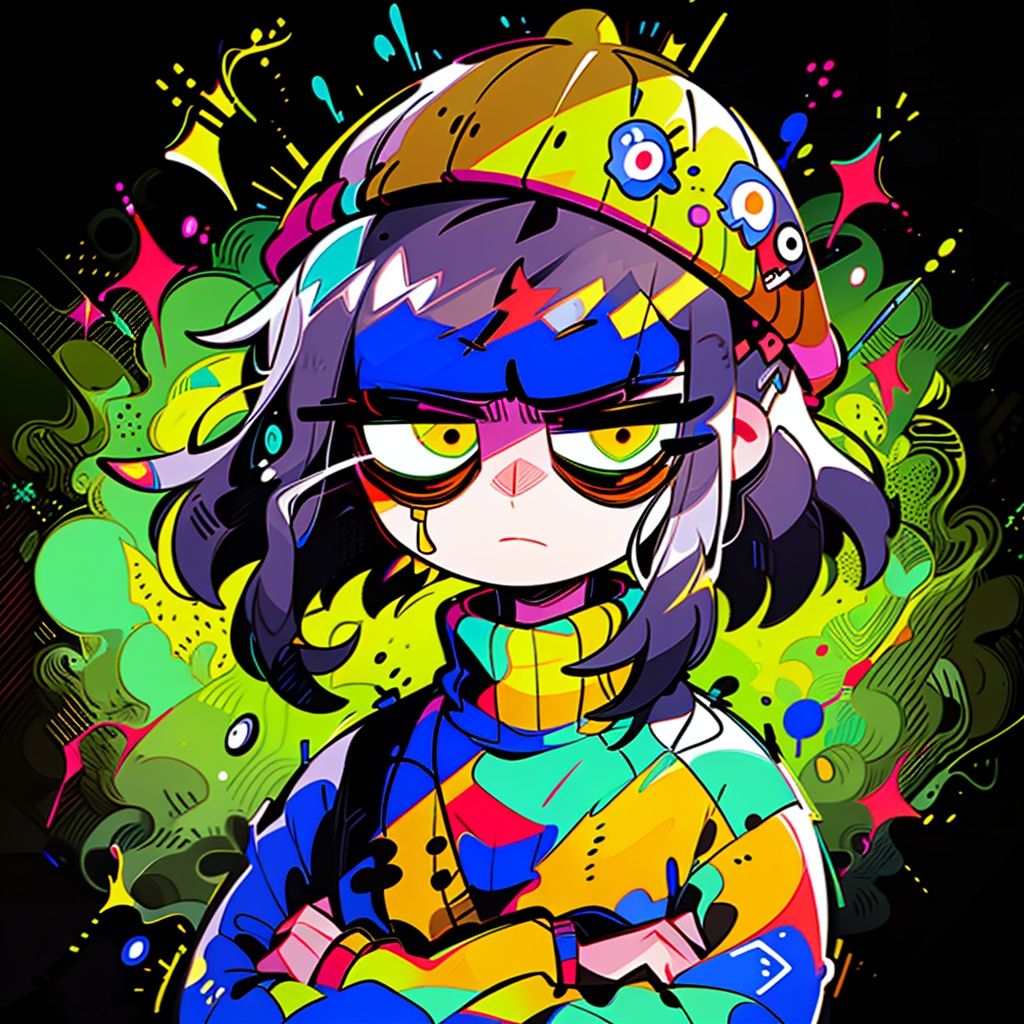 BJ_Violent_graffiti,1girl,solo,looking_at_viewer,short_hair,bangs,black_hair,long_sleeves,hat,closed_mouth,yellow_eyes,upper_body,blunt_bangs,medium_hair,sweater,turtleneck,crossed_arms,turtleneck_sweater,multicolored_background,colorful,strong contrast,high level of detail,Best quality,masterpiece,<lora:Violent_graffiti>,
