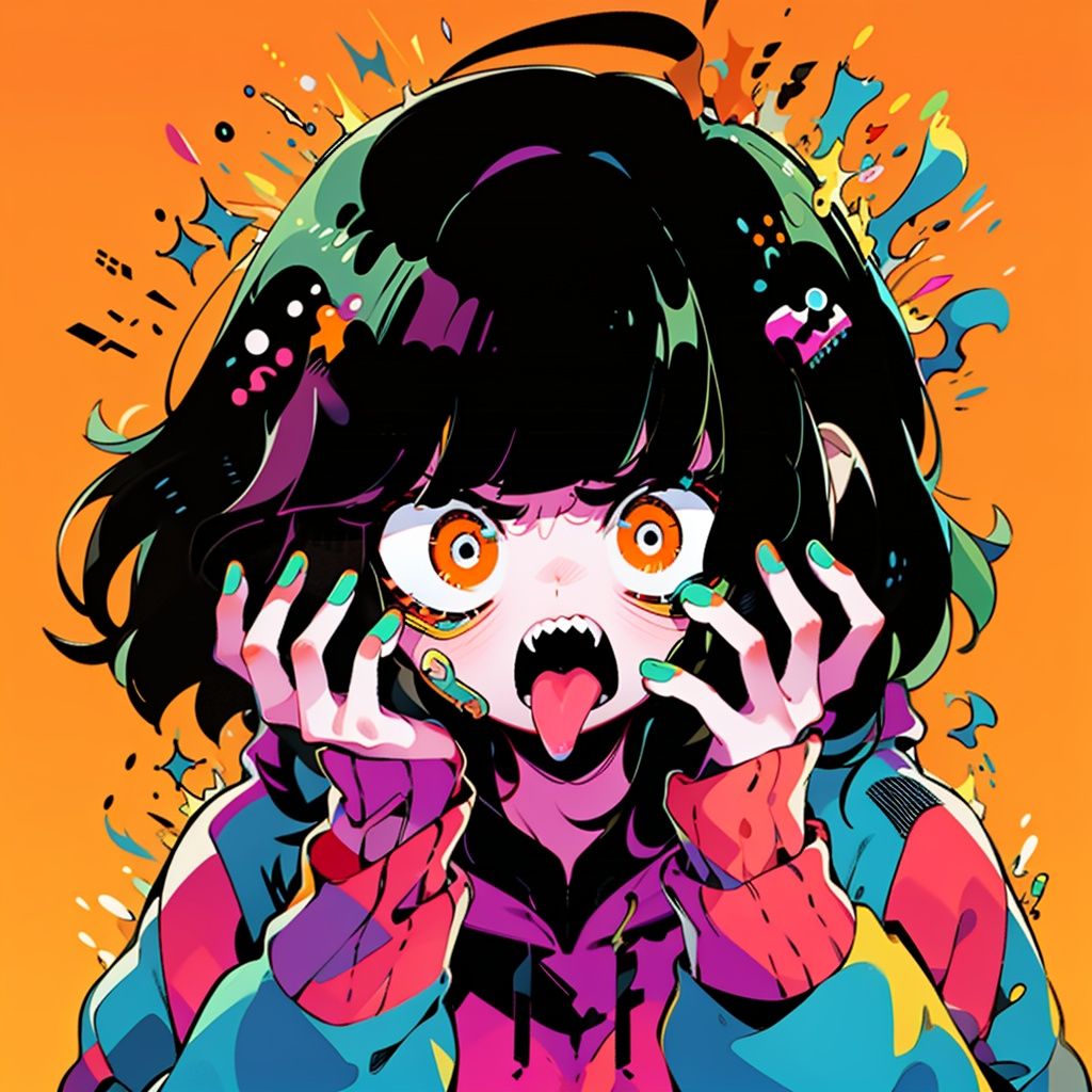 BJ_Violent_graffiti,1girl,solo,looking_at_viewer,short_hair,open_mouth,bangs,simple_background,long_sleeves,upper_body,green_hair,teeth,tongue,hood,tongue_out,nail_polish,orange_eyes,hands_up,hoodie,pink_background,sharp_teeth,strong contrast,high level of detail,Best quality,masterpiece,<lora:Violent_graffiti>,