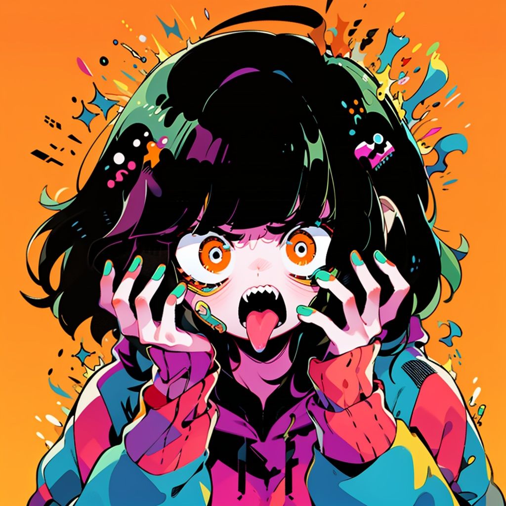 BJ_Violent_graffiti,1girl,solo,looking_at_viewer,short_hair,open_mouth,bangs,simple_background,long_sleeves,upper_body,green_hair,teeth,tongue,hood,tongue_out,nail_polish,orange_eyes,hands_up,hoodie,pink_background,sharp_teeth,strong contrast,high level of detail,Best quality,masterpiece,<lora:Violent_graffiti>,