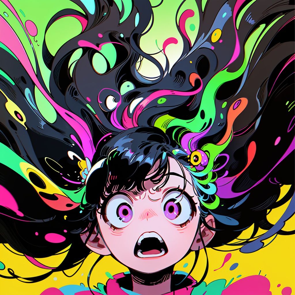 BJ_Violent_graffiti, 1girl, solo, looking_at_viewer, open_mouth, simple_background, black_hair, pink_eyes, floating_hair, portrait, yellow_background, colorful,strong contrast,high level of detail,Best quality,masterpiece,<lora:Violent_graffiti>,
