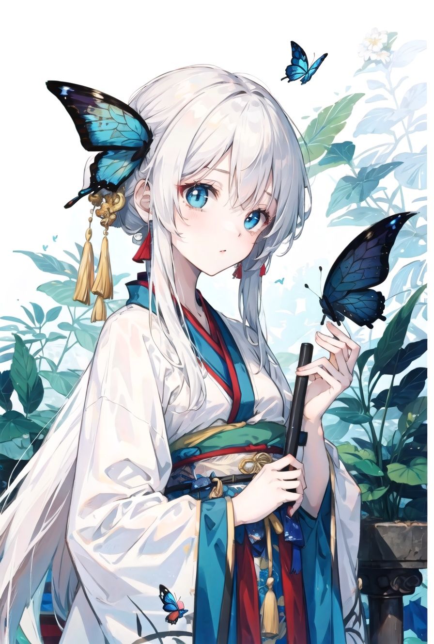 blue ru_qun,best_quality,head,original_outfit,hanfu,clear details,masterpiece, best_quality, clear details,1girl,garden background,, butterfly on finger,blue eyes,white hair,long hair,big eyes <lora:lightAndShadow_v10:0.5> <lora:elegantHanfuRuqun_v10:0.6> <lora:ancientChineseArchitectural_v10Gugong:0.7>