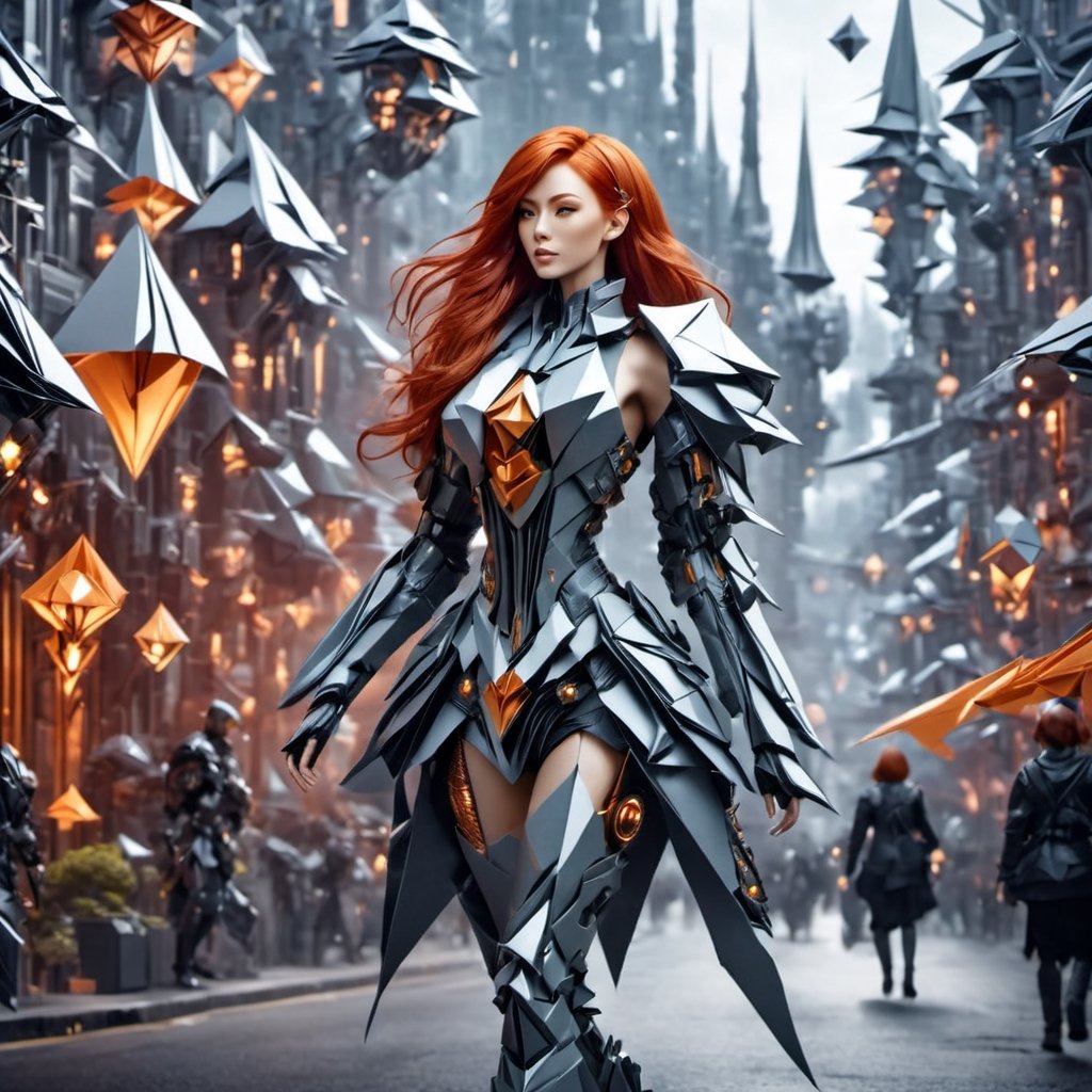 (a beautiful red hair cyborg woman walking down the street in a fantasy world,  ),  LinkGirl by Pixel on Tensor.Art