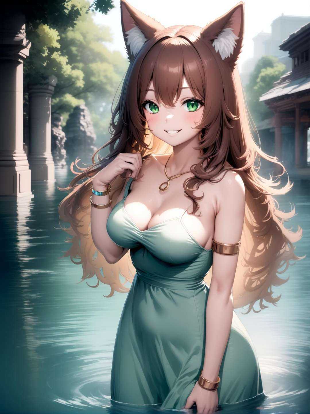 1girl, long hair, dress, smile, bracelet, green eyes, upper body, standing, animal ears, brown hair, medium breasts, water, temple,