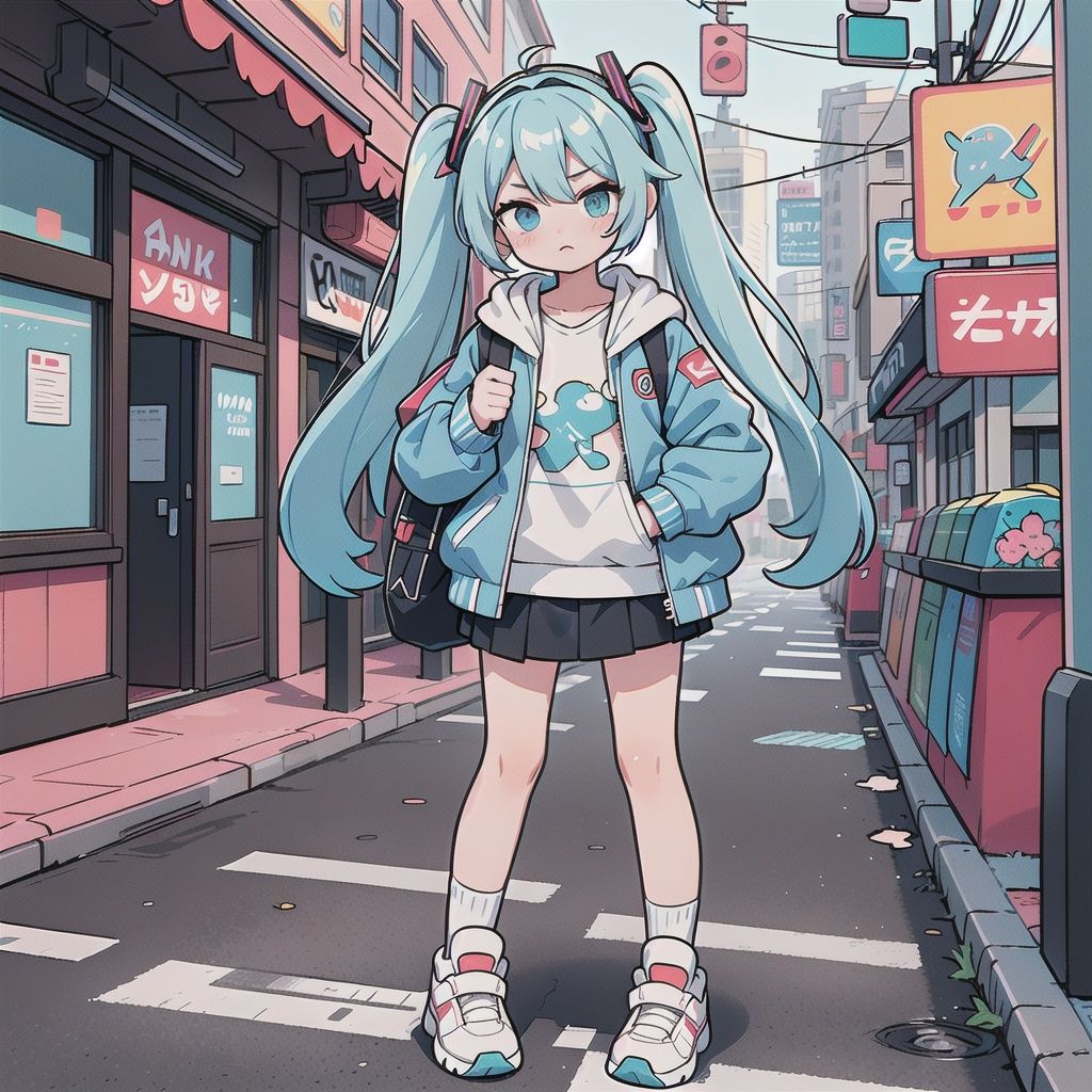 masterpiece,best quality,official art,extremely detailed CG unity 8k wallpaper, miku,OutdoorJackets,{{{oversize clothing}}},citypop,street wear,sneakers,miniskirt,(((chromatic aberration))),lens 135mm,f1.8,backlight,Hands in pockets,hairband,hair ornament,twintails,long hair,blue hair,long hair,solo,cool,grayu,bishoujo,{{Exquisite face}},