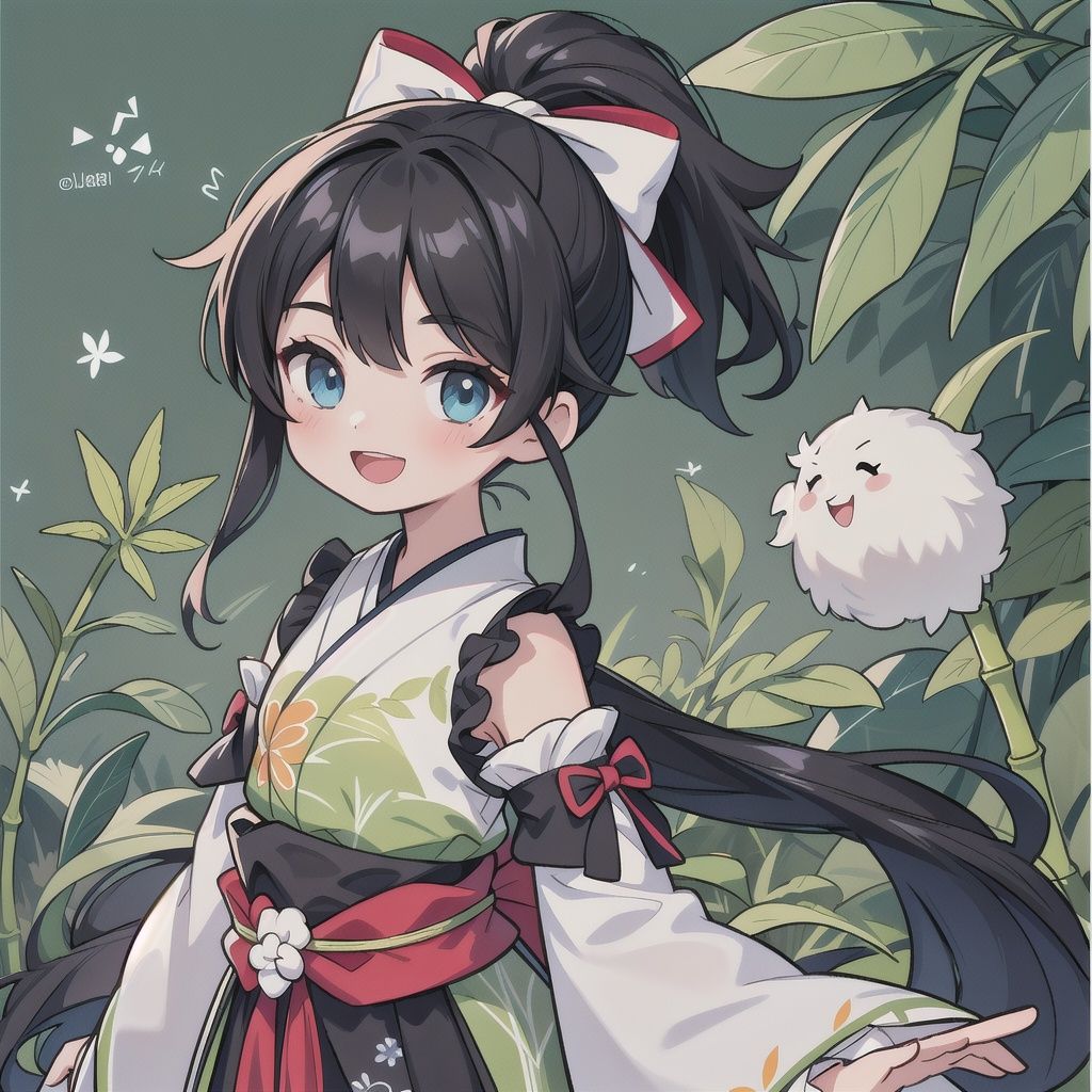 1girl, :d, artist_name, bamboo, black_hair, blue_eyes, bow, detached_sleeves, green_background, japanese_clothes, leaf, long_hair, looking_at_viewer, open_mouth, pom_pom_\(clothes\), ponytail, smile, solo, twitter_username, very_long_hair, wide_sleeves