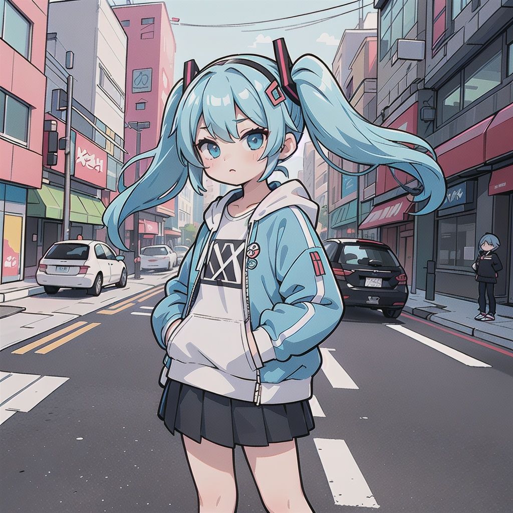masterpiece,best quality,official art,extremely detailed CG unity 8k wallpaper, miku,OutdoorJackets,{{{oversize clothing}}},citypop,street wear,sneakers,miniskirt,(((chromatic aberration))),lens 135mm,f1.8,backlight,Hands in pockets,hairband,hair ornament,twintails,long hair,blue hair,long hair,solo,cool,grayu,bishoujo,{{Exquisite face}},