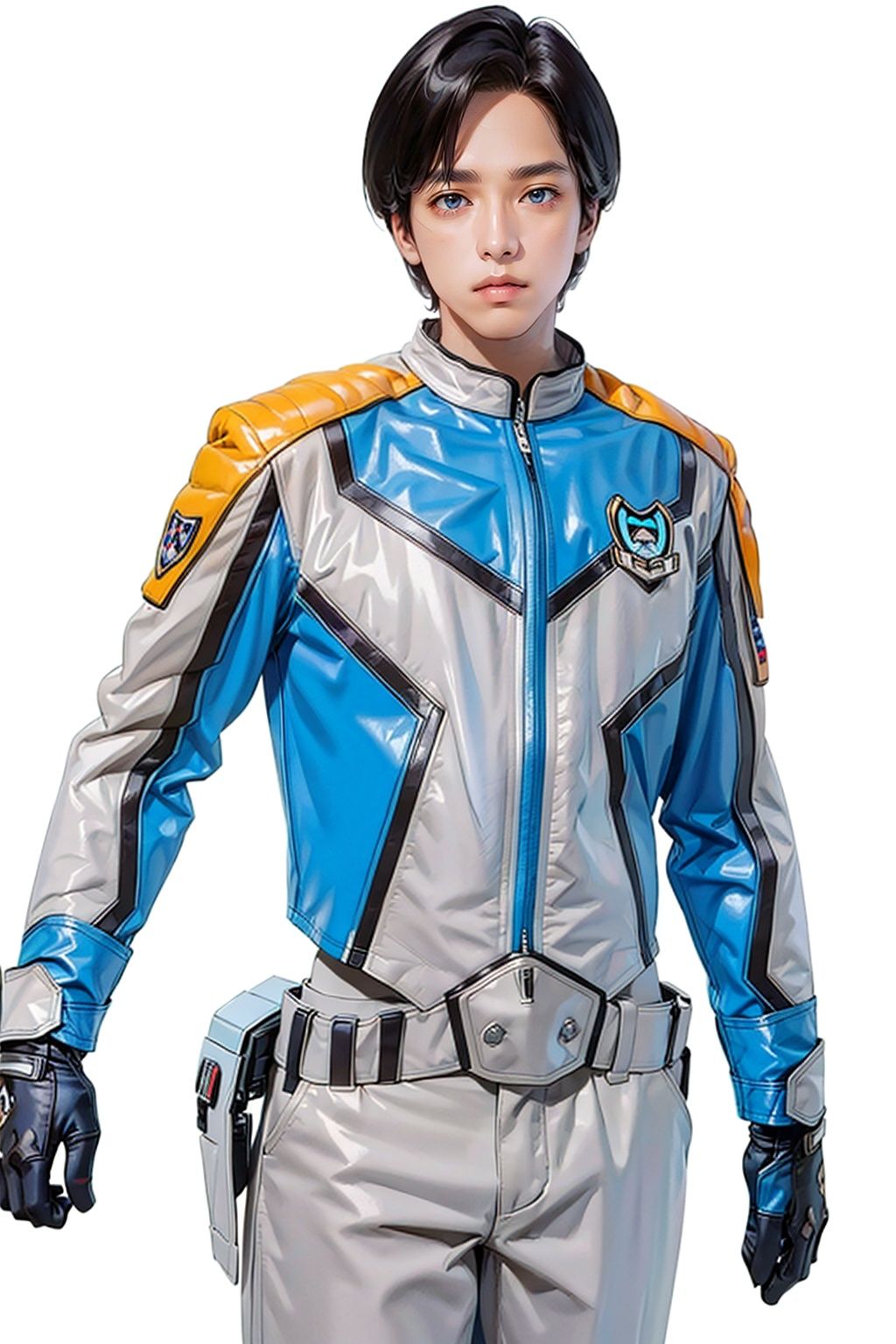 (masterpiece:1.3),  (the best quality:1.2),  (super fine illustrations:1.2),  (Masterpiece),  high quality,  high detail, ((white background:1.2)),  looking at viewer,  (SOLO:1.4), outline, , simple background, 
,belt, blue jacket, uniform, pants, gloves, military uniform, jacket