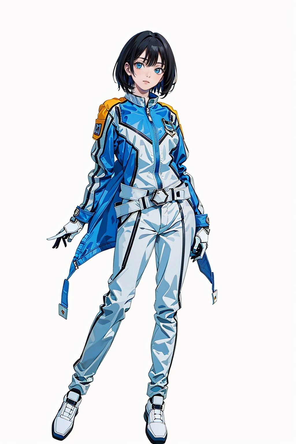 (masterpiece:1.3),  (the best quality:1.2),  (super fine illustrations:1.2),  (Masterpiece),  high quality,  high detail, ((white background:1.2)),  looking at viewer,  (SOLO:1.4), outline, , simple background, 
,belt, blue jacket, uniform, pants, gloves, military uniform, jacket