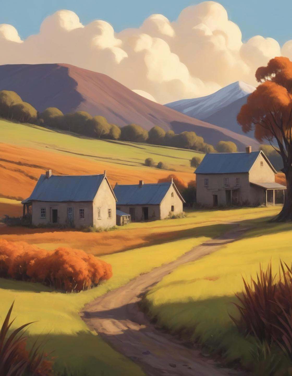 concept art A painting of a lovely fall scene,  close up a field with the an old mining village of New Zealand in spring ,...